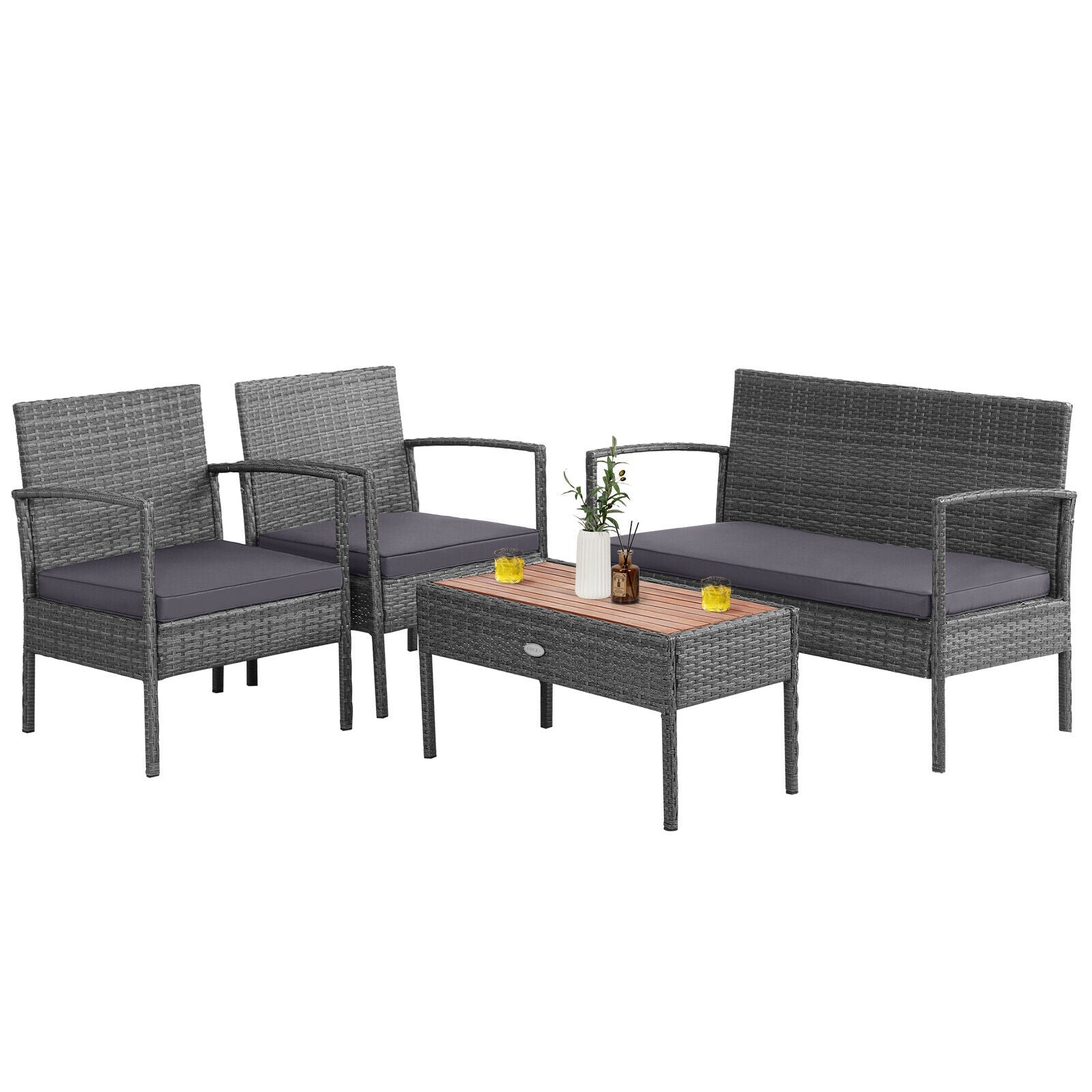 SUGIFT 4 Pieces Rattan Patio Conversation Furniture Set with Acacia Wood Tabletop