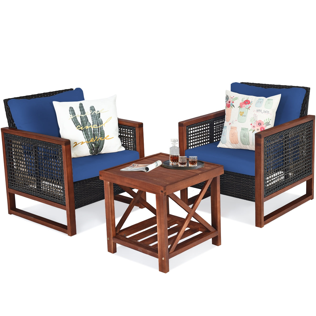 3 Pieces Patio Wicker Furniture Set with Acacia Wood Coffee Table and Washable Cushion-Navy