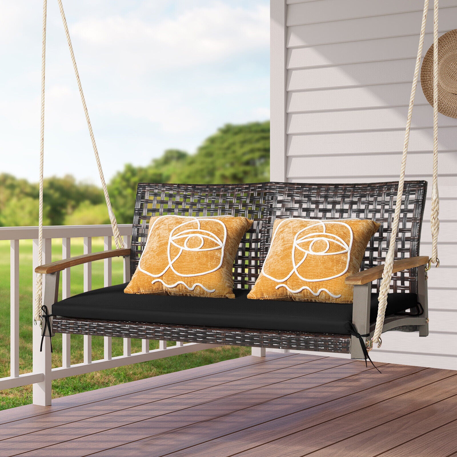 SUGIFT 2-Person Rattan Hanging Porch Swing Chair