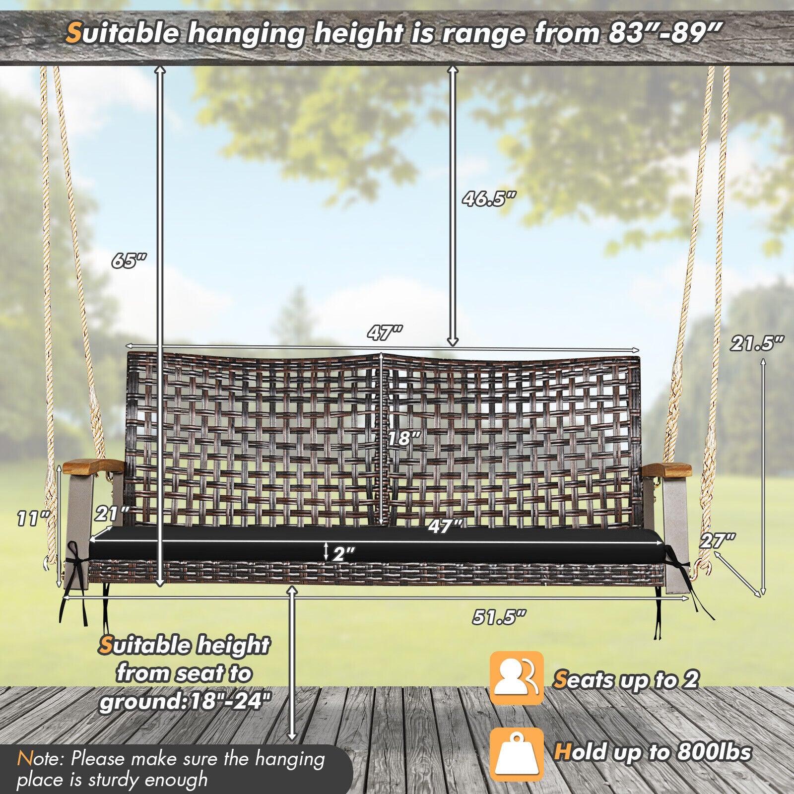 SUGIFT 2-Person Rattan Hanging Porch Swing Chair