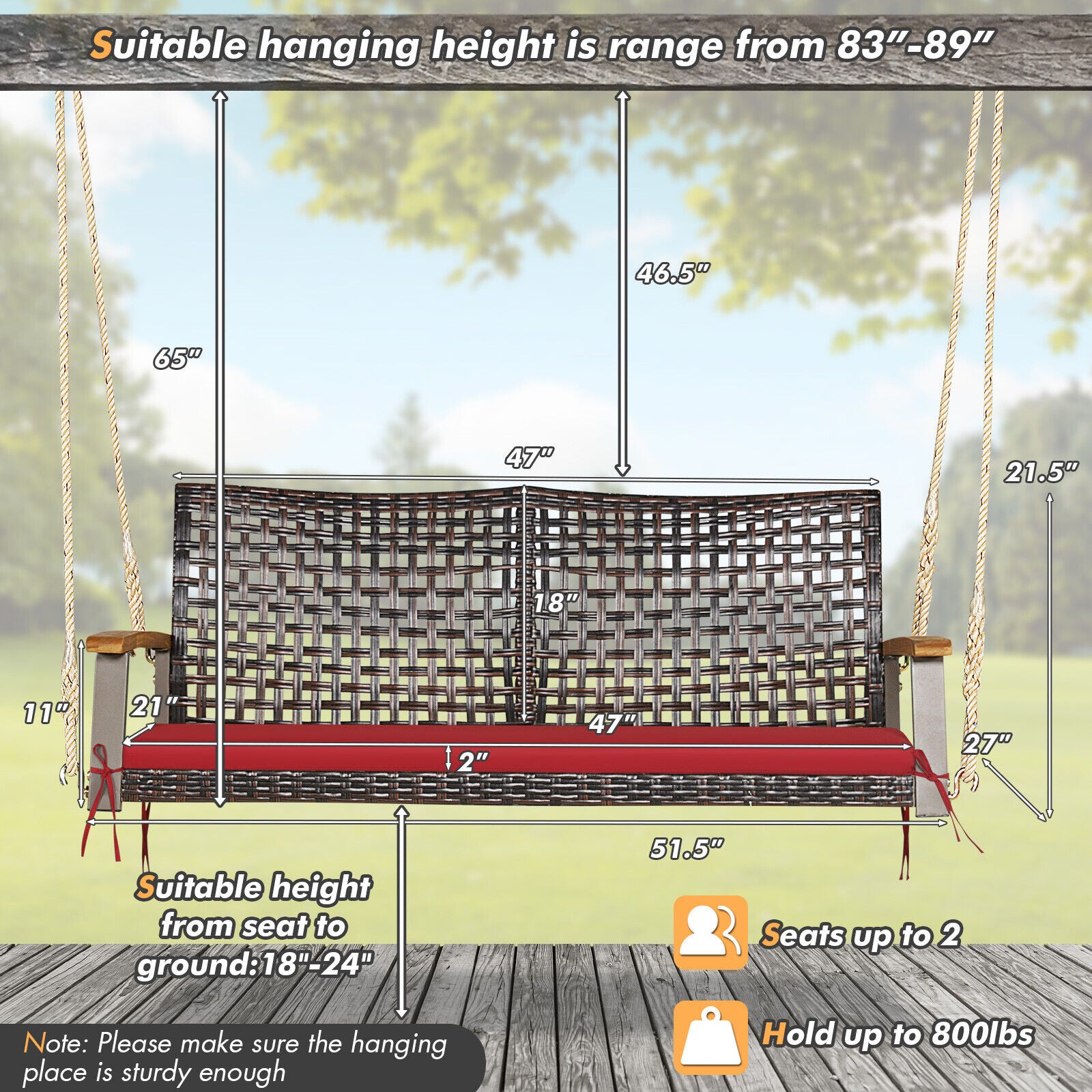 SUGIFT 2-Person Rattan Hanging Porch Swing Chair