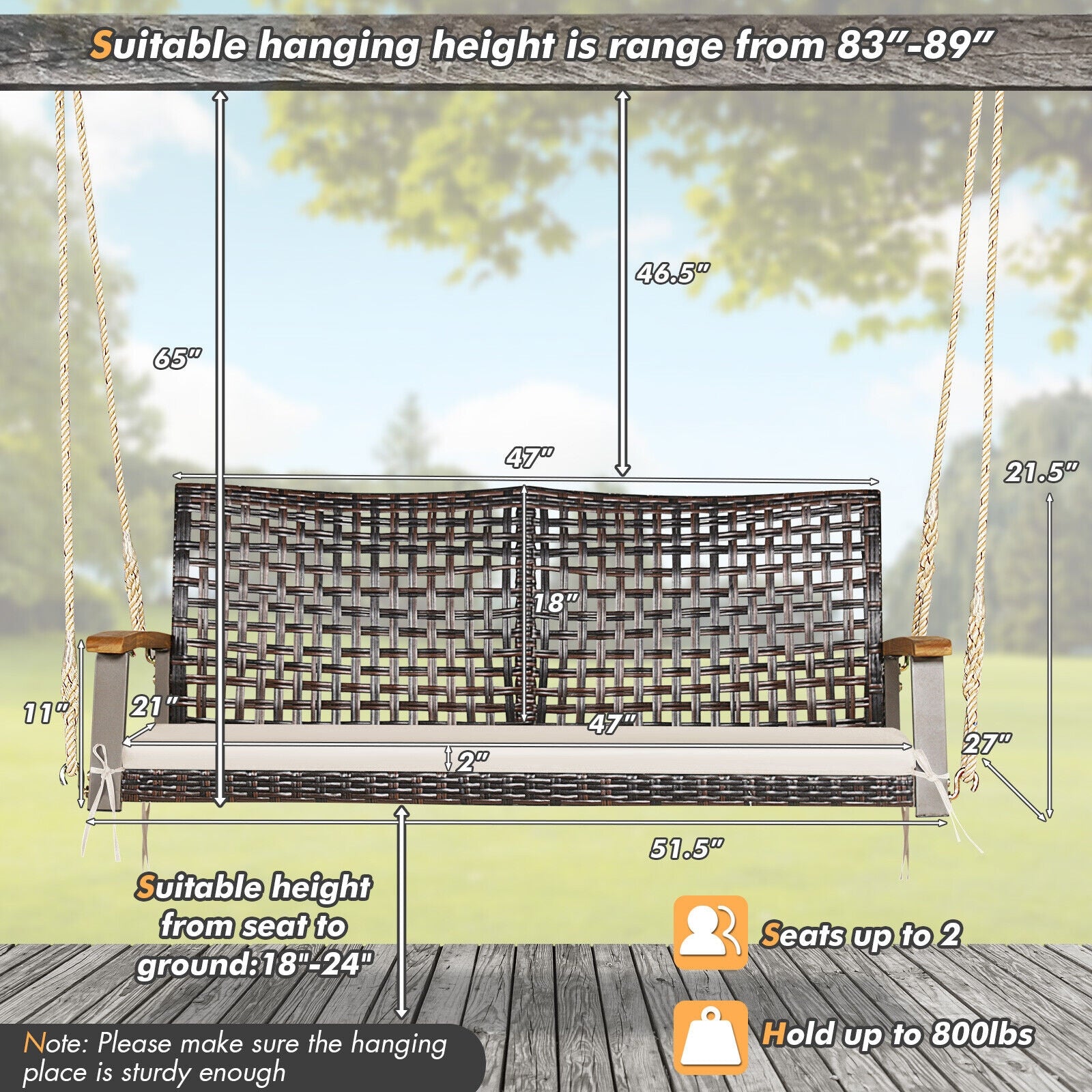 SUGIFT 2-Person Rattan Hanging Porch Swing Chair