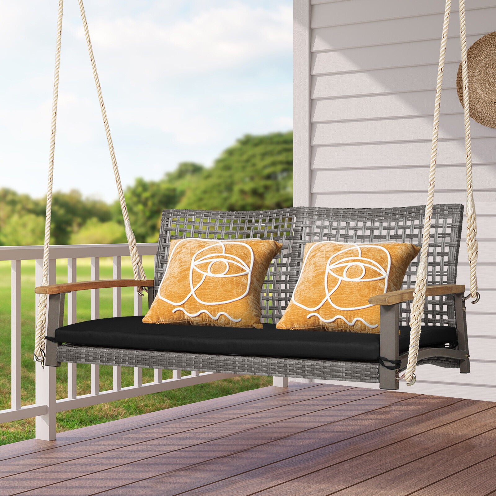SUGIFT 2-Person Patio Wicker Hanging Swing Chair