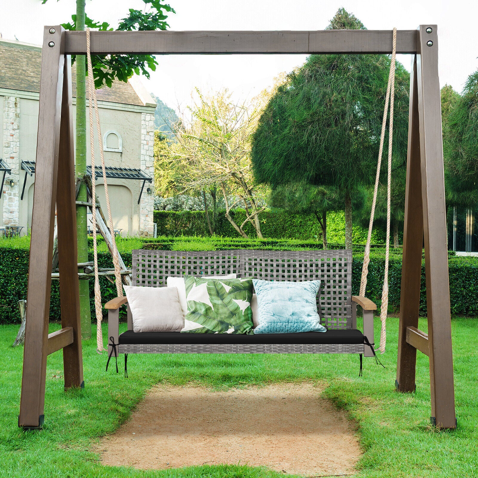 SUGIFT 2-Person Patio Wicker Hanging Swing Chair