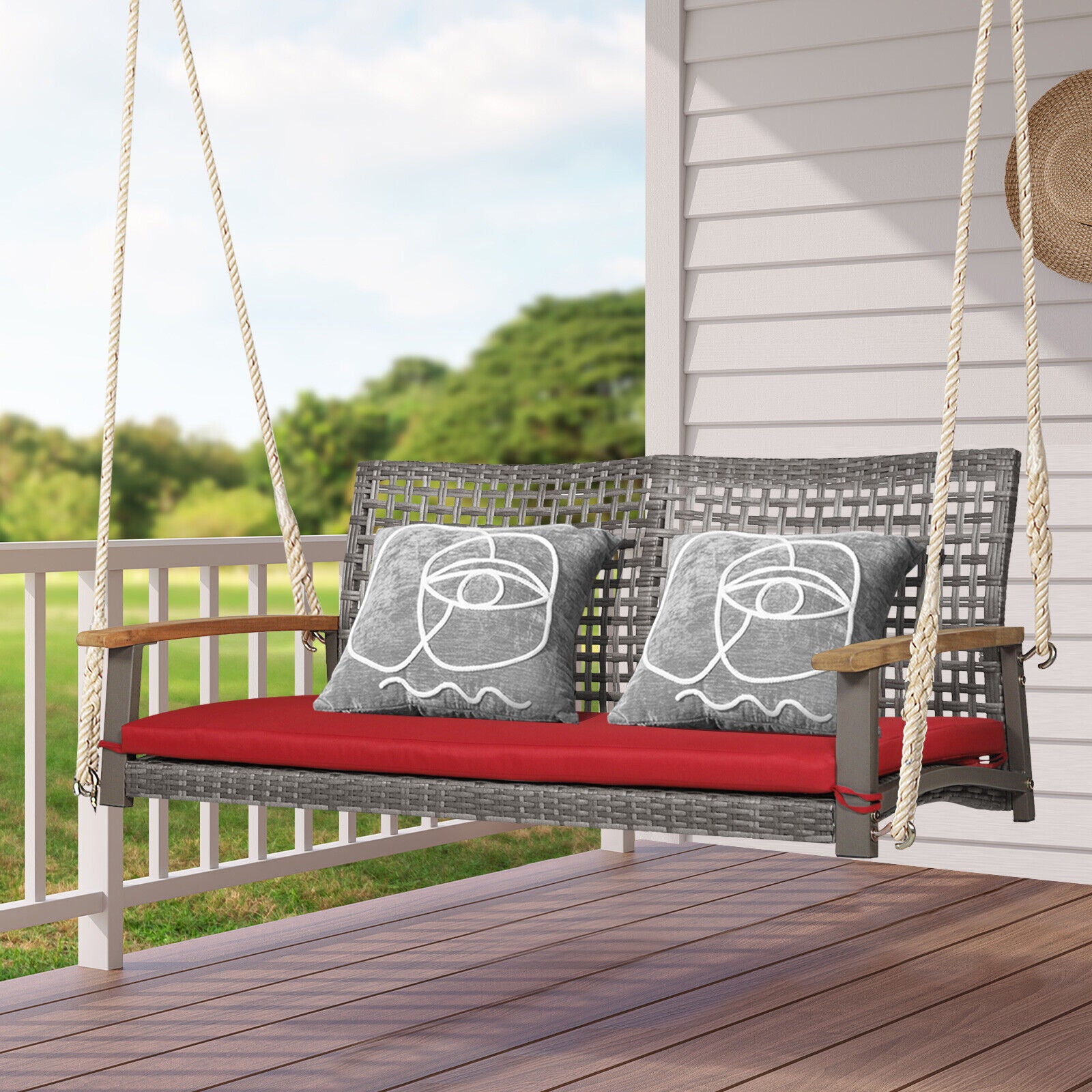 SUGIFT 2-Person Patio Wicker Hanging Swing Chair