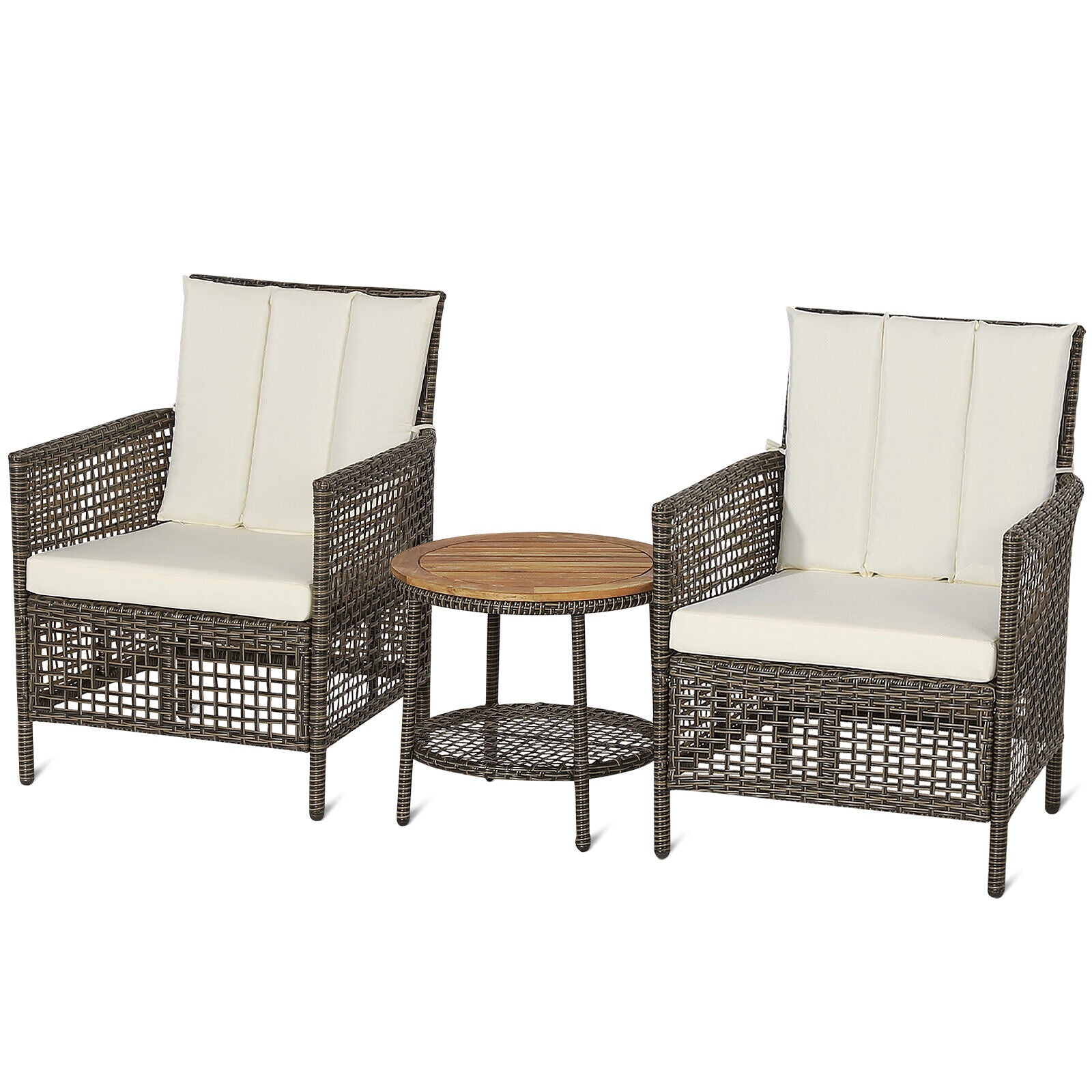 3 Pieces Patio Rattan Conversation Sets with Cushioned Sofas and Wood Table Top