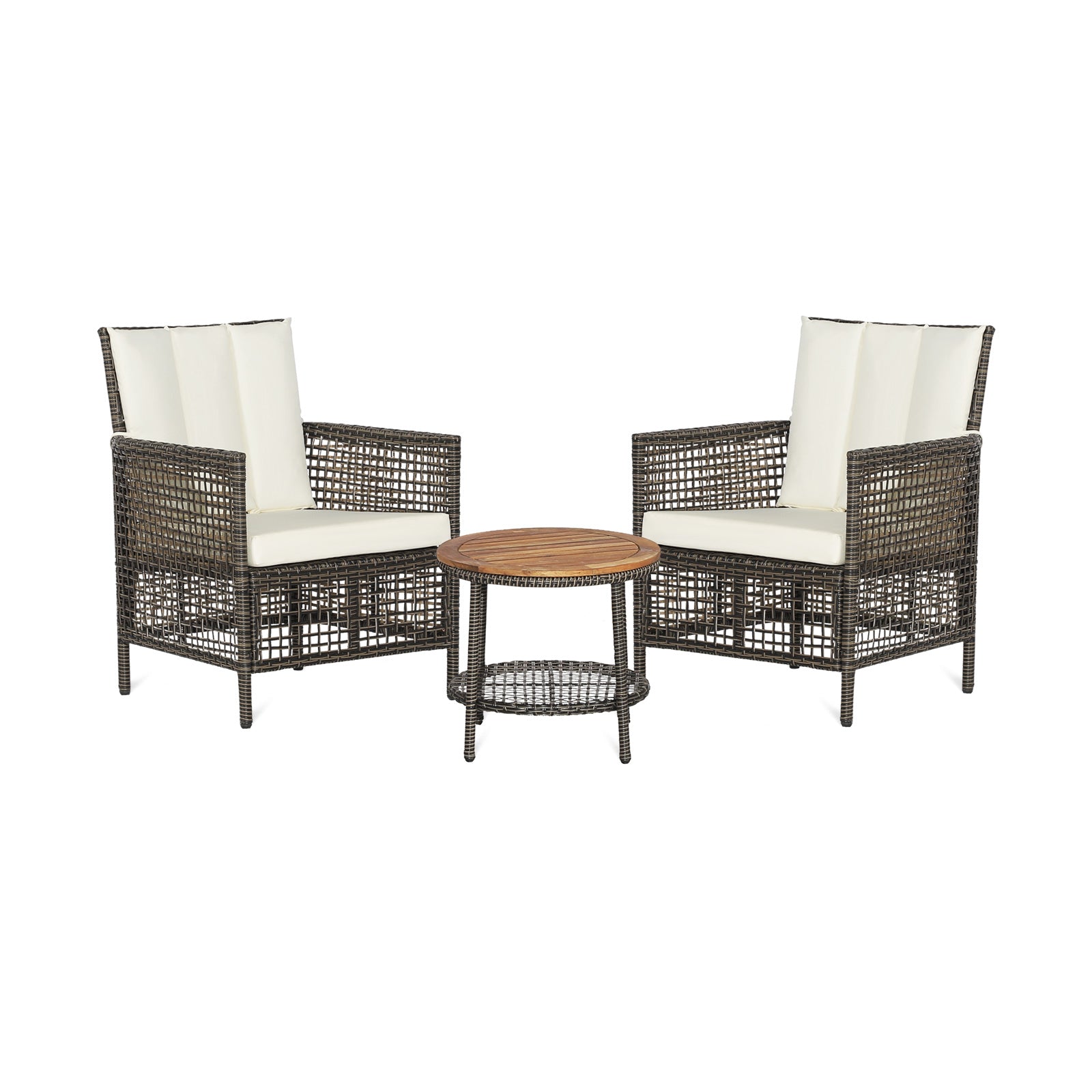 3 Pieces Patio Rattan Conversation Sets with Cushioned Sofas and Wood Table Top