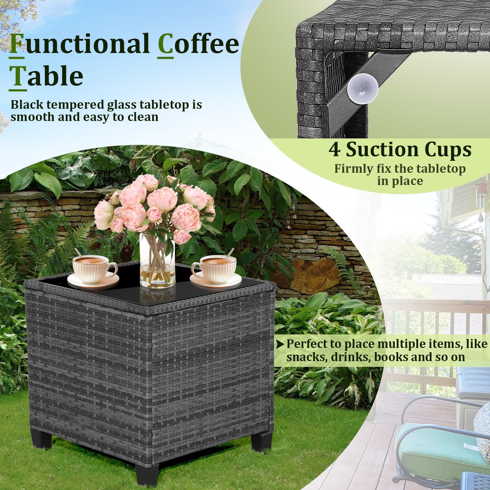 3 Pieces Outdoor Wicker Conversation Set with Tempered Glass Tabletop-Navy