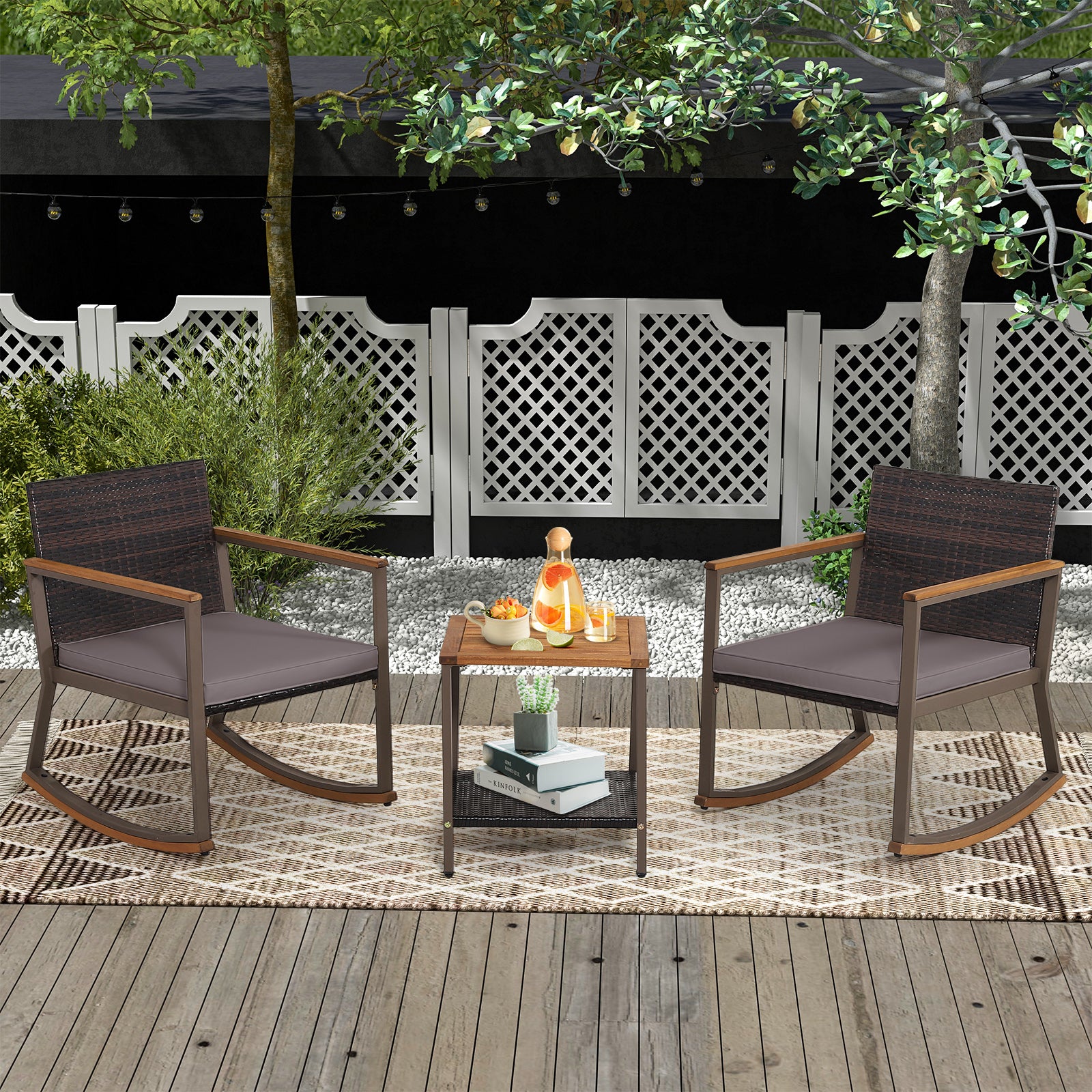 3 Pieces Rattan Rocking Bistro Set with Coffee Table and Cushions-Gray