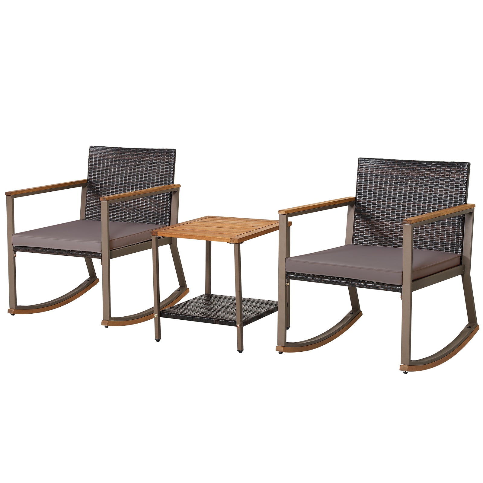 3 Pieces Rattan Rocking Bistro Set with Coffee Table and Cushions-Gray