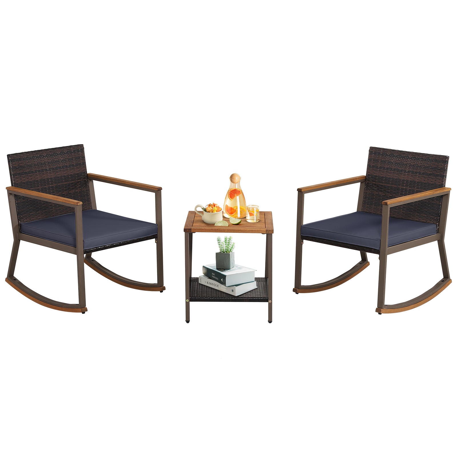 3 Pieces Rattan Rocking Bistro Set with Coffee Table and Cushions-Navy
