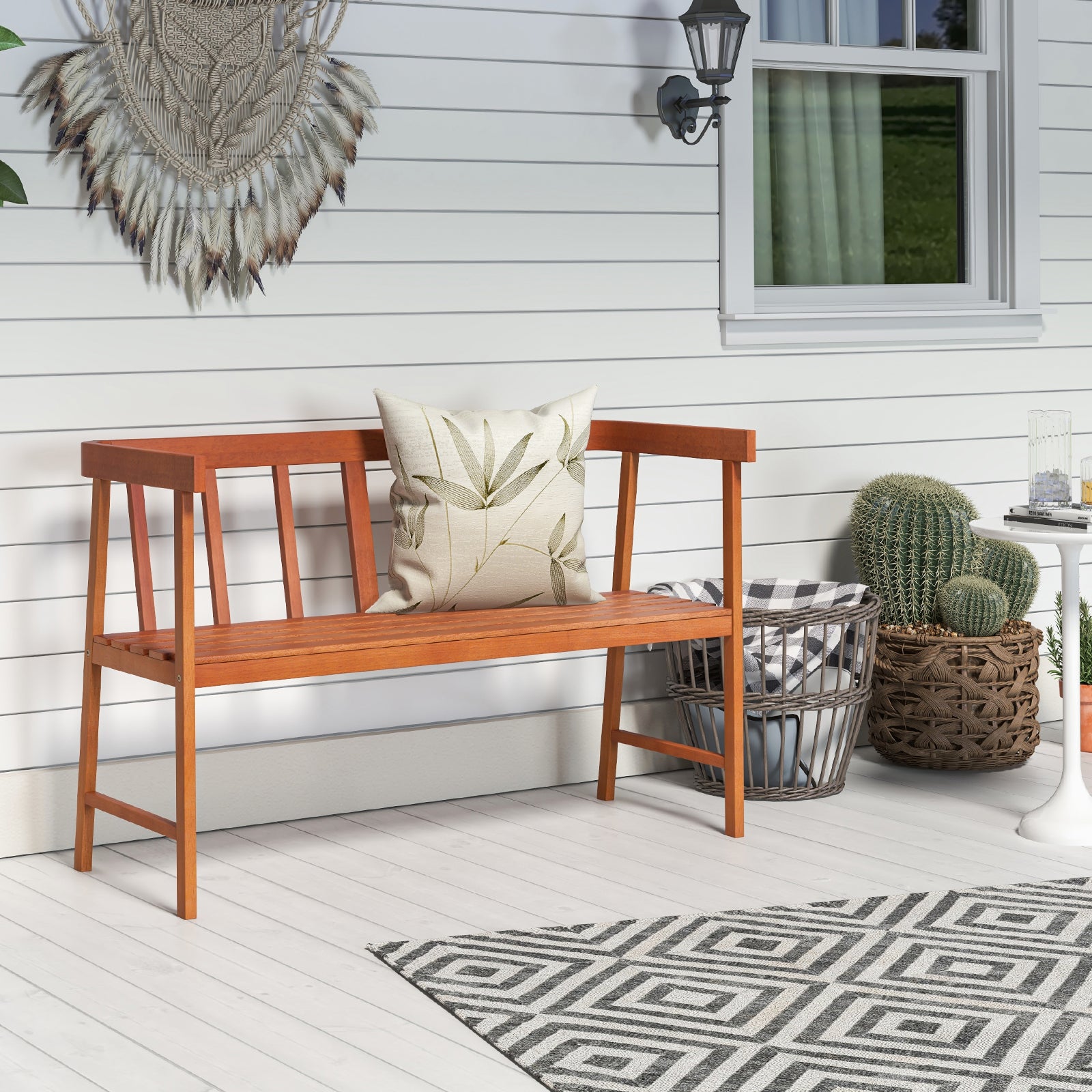 2-Person Patio Acacia Wood Bench with Backrest and Armrests