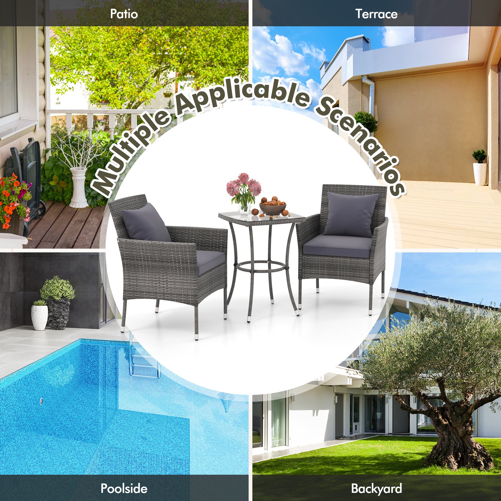 3 Pieces Patio Furniture Set with Cushioned Patio Chairs and Tempered Glass Coffee Table-Gray