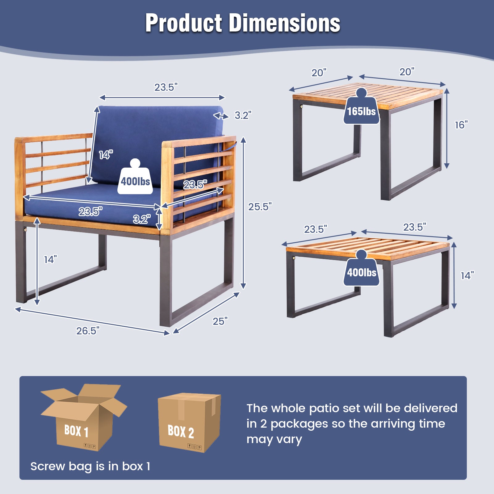SUGIFT 5 Piece Patio Acacia Wood Chair Set with Ottomans and Coffee Table