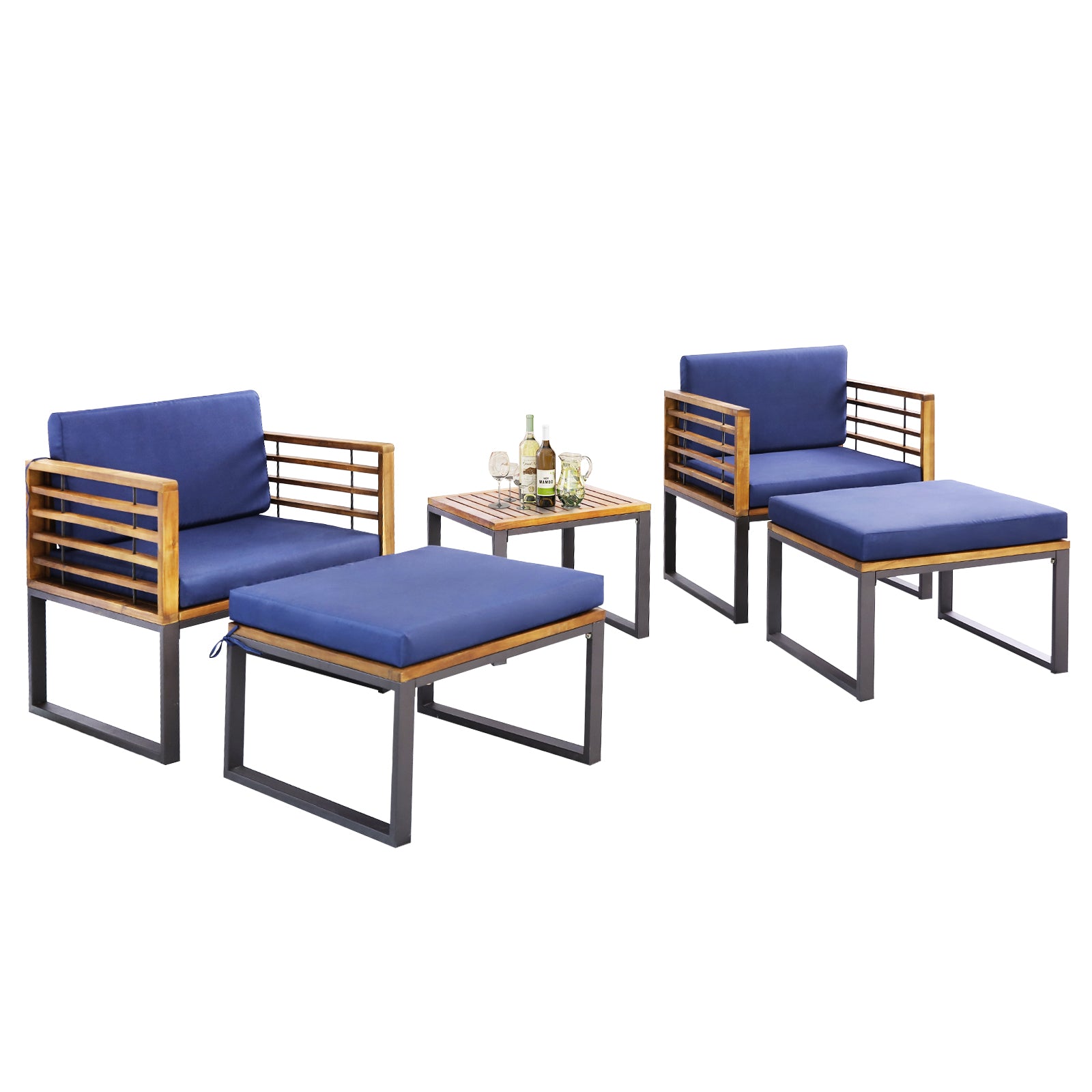 SUGIFT 5 Piece Patio Acacia Wood Chair Set with Ottomans and Coffee Table