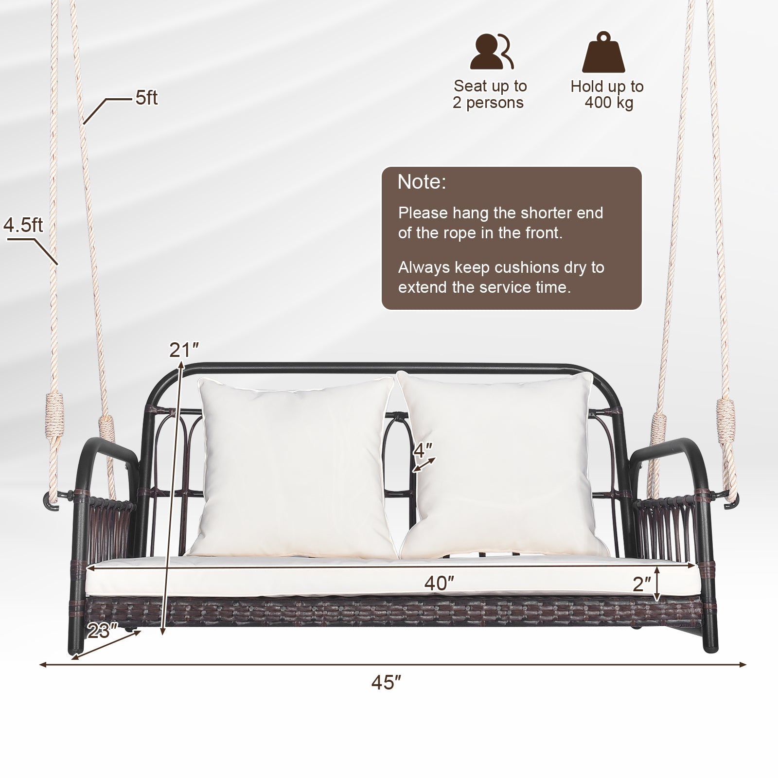 SUGIFT 880LBS Wicker Hanging Porch Swing with Cushions