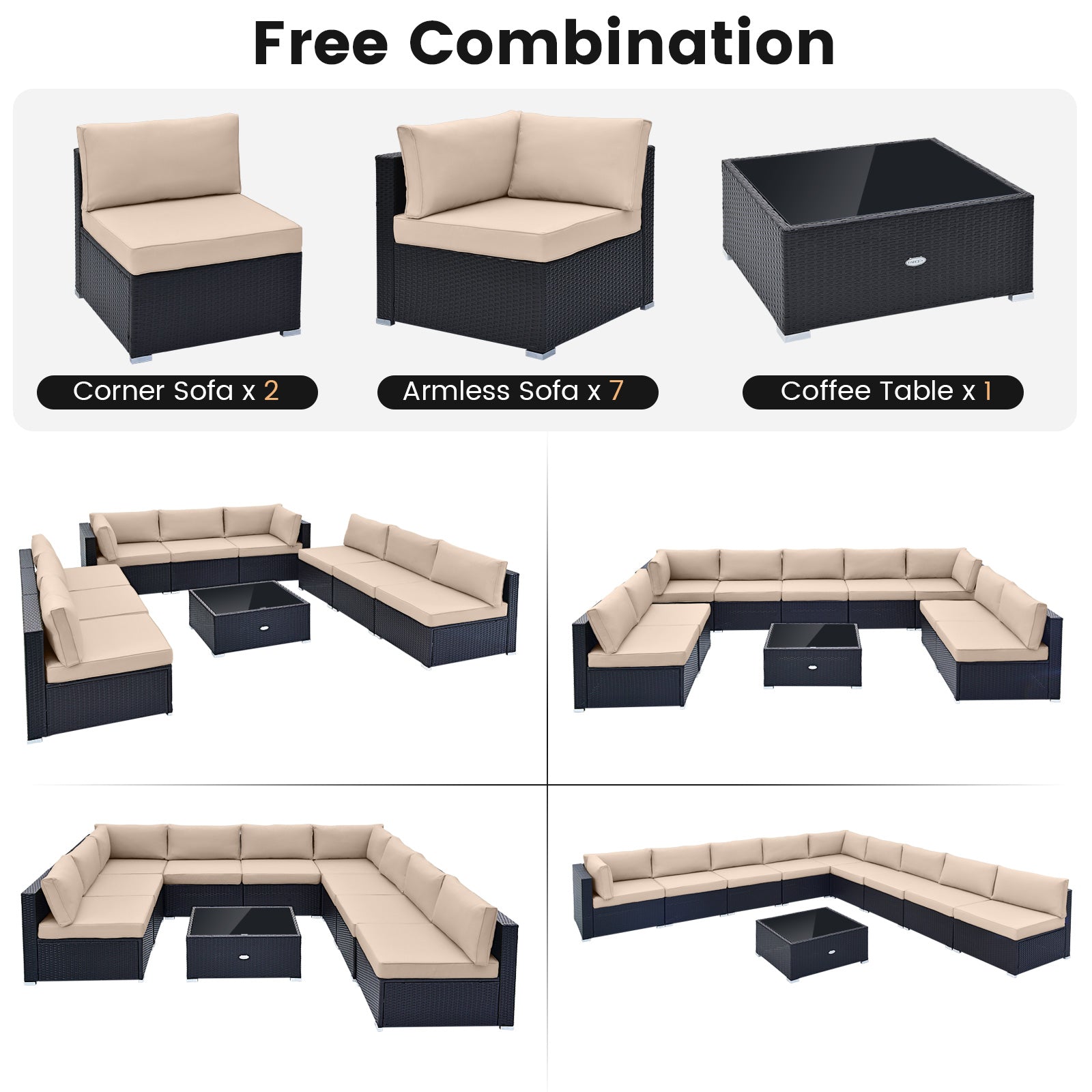 10 Piece Outdoor Wicker Conversation Set with Seat and Back Cushions-Beige
