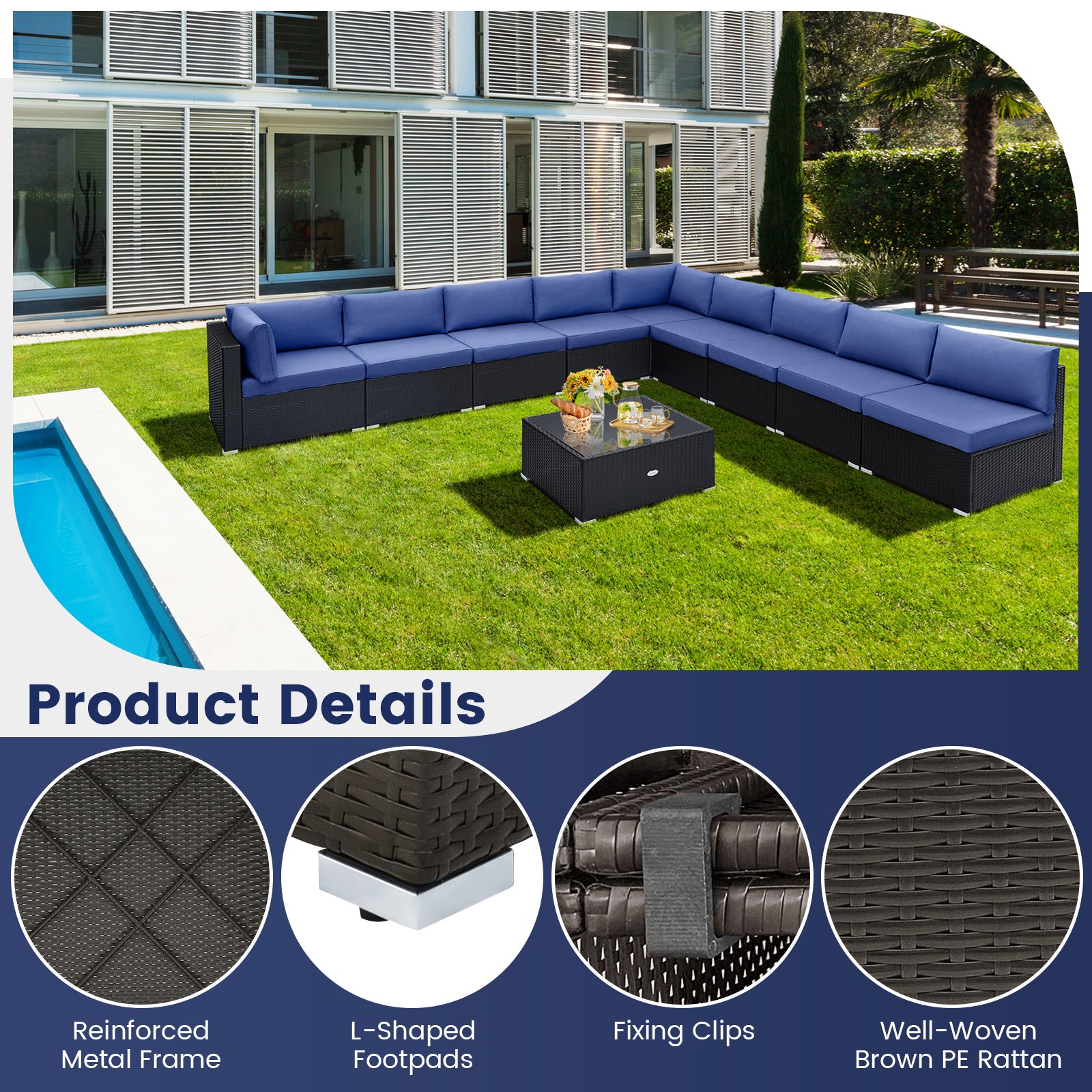 10 Piece Outdoor Wicker Conversation Set with Seat and Back Cushions-Navy
