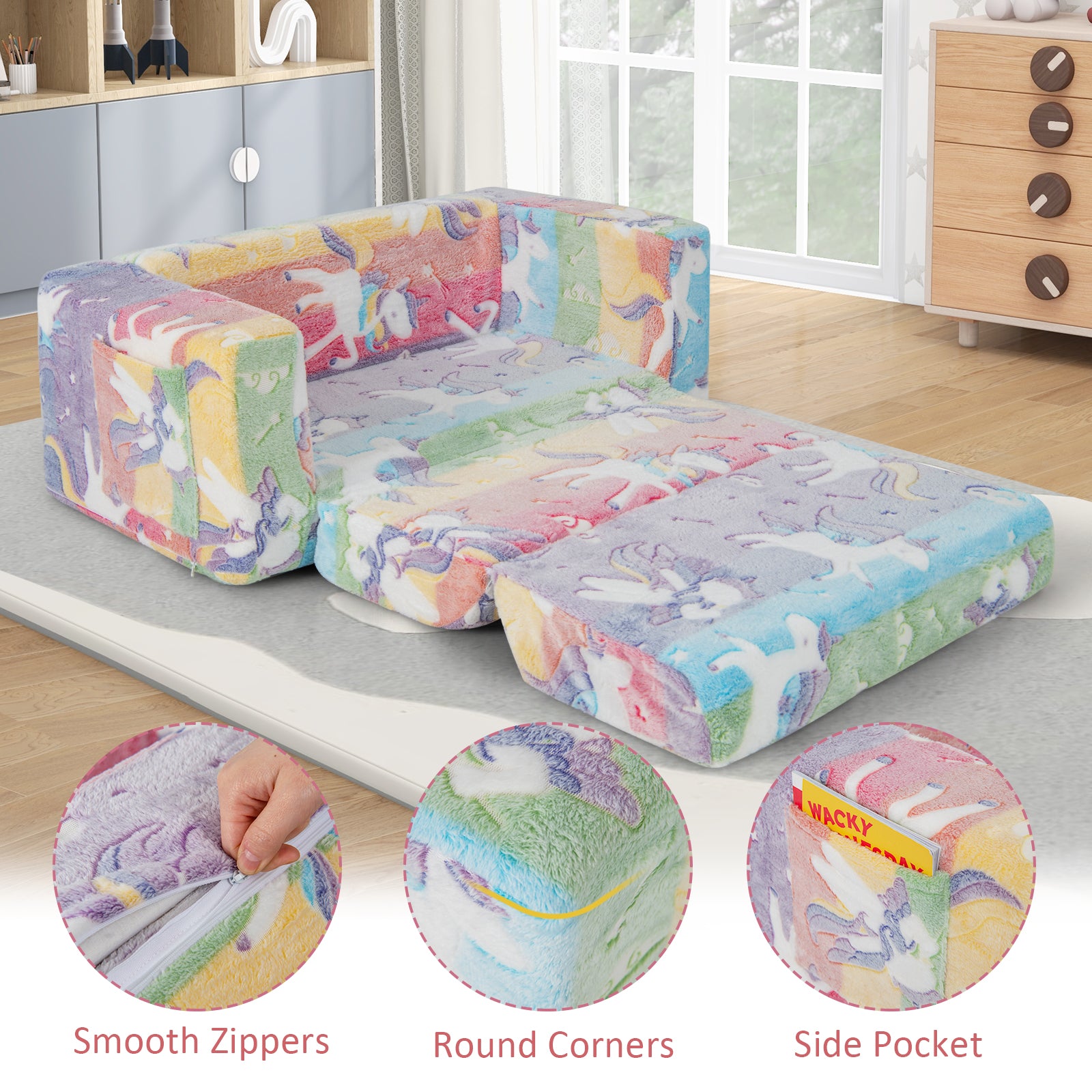 2-in-1 Flip Out Kids Sofa Chair with Detachable Flannel Fabric Cover and Glowing Patterns