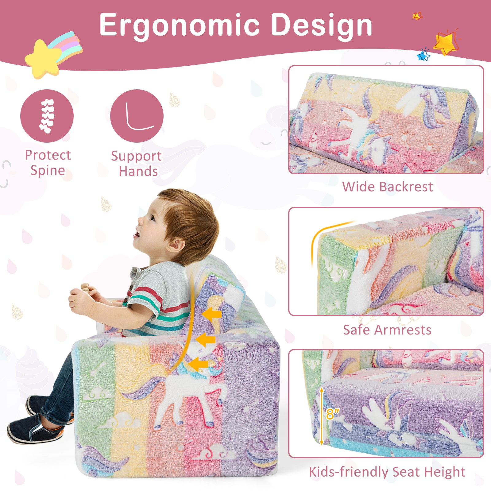 2-in-1 Flip Out Kids Sofa Chair with Detachable Flannel Fabric Cover and Glowing Patterns