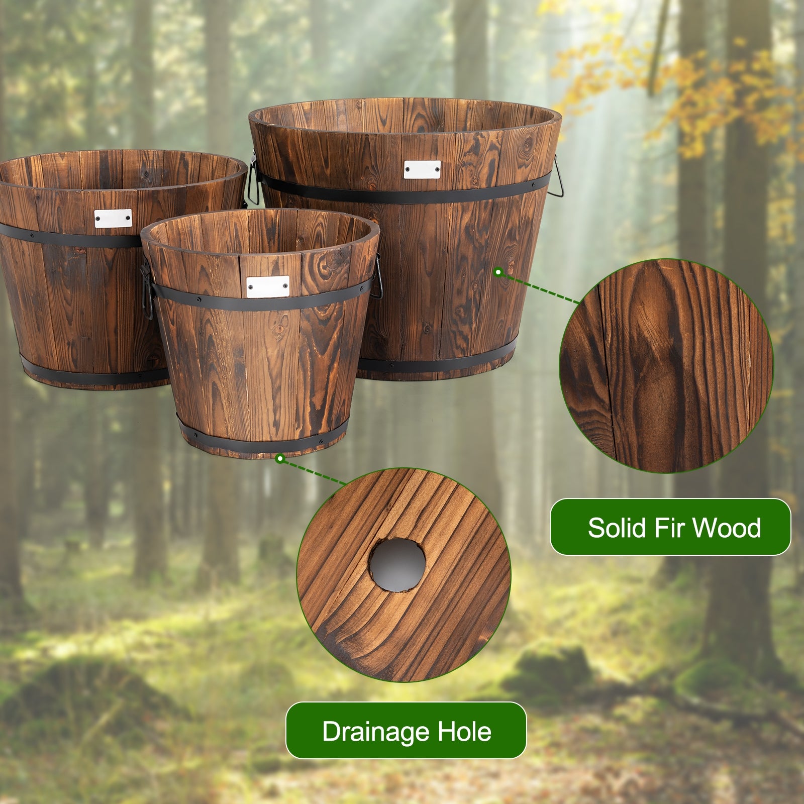 3 Pieces Wooden Planter Barrel Set with Multiple Size