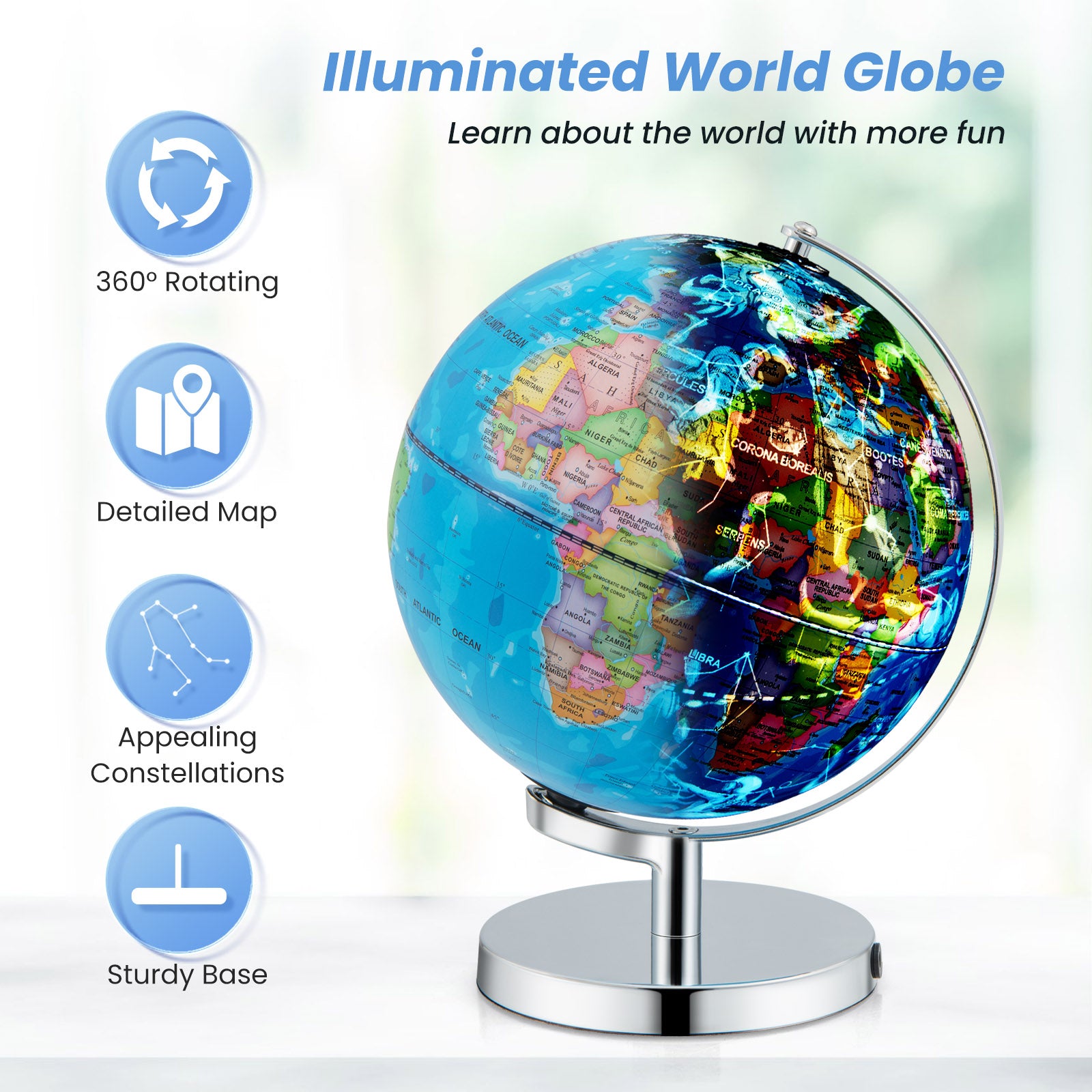 3-in-1 Illuminated World Globe with Stand and 88 Constellations