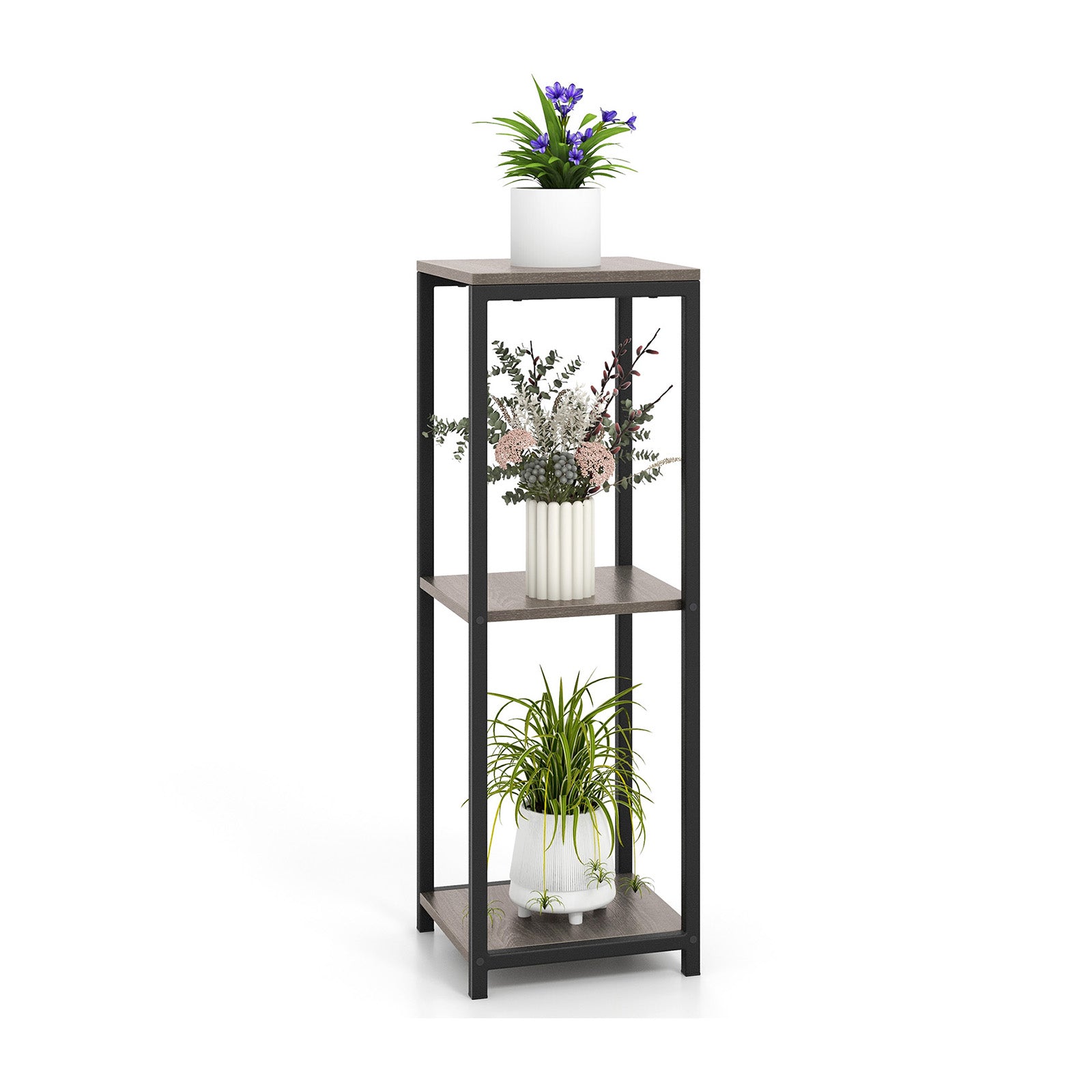 3-Tier Tall Metal Plant Stand Corner Plant Holder with Anti-tipping Device-Black Gray