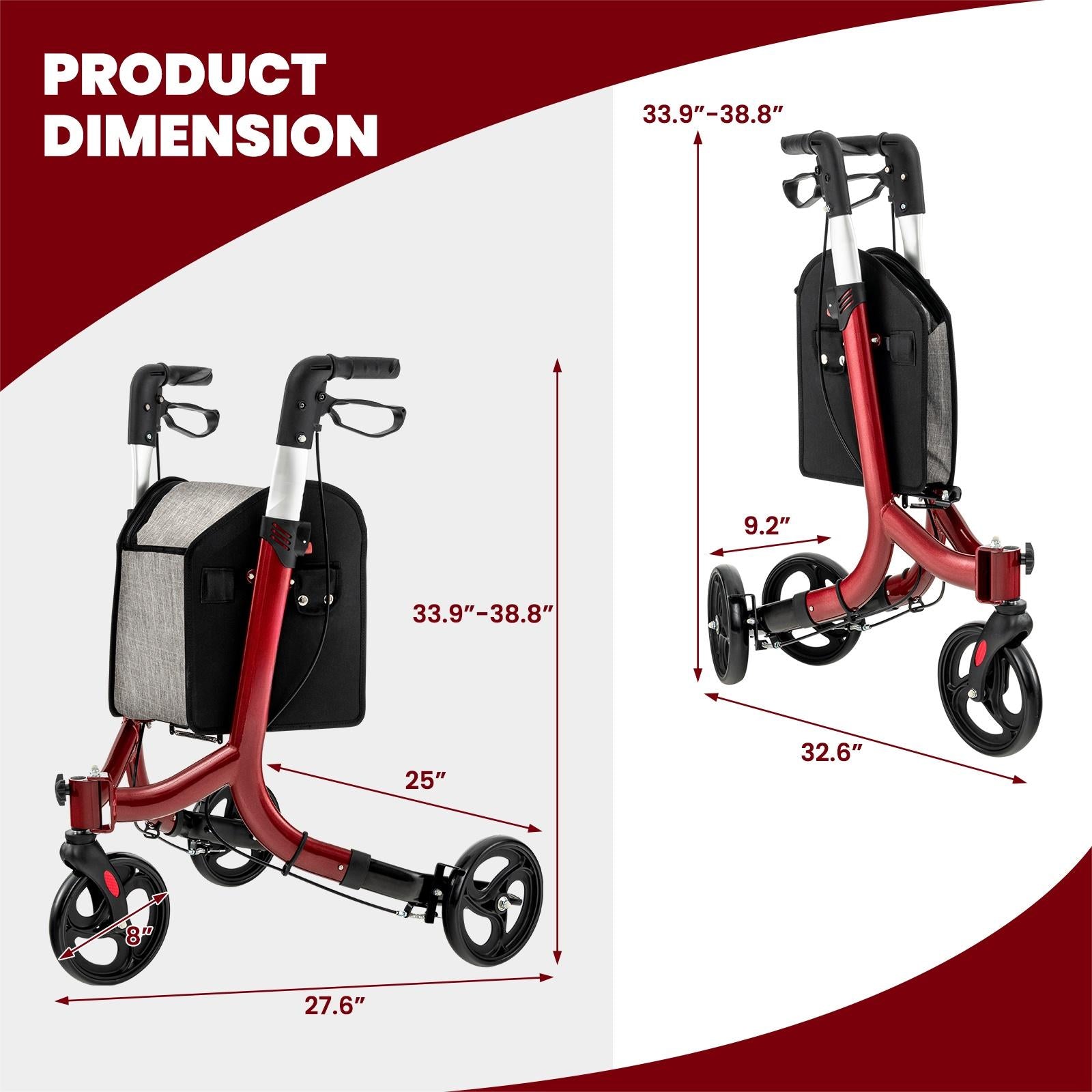 3-Wheel Rolling Walker with Adjustable Handle-Red