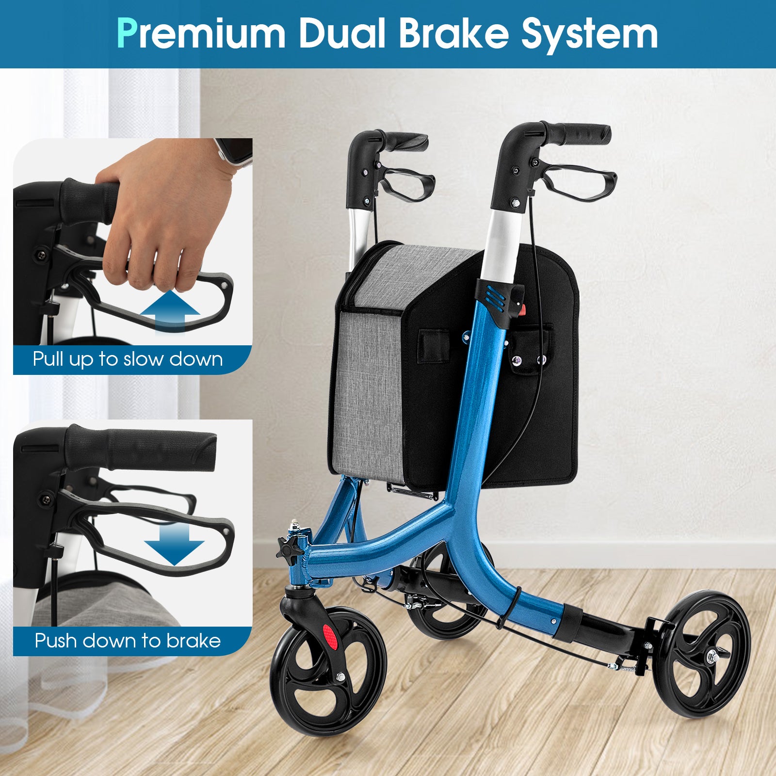 3-Wheel Rolling Walker with Adjustable Handle-Blue