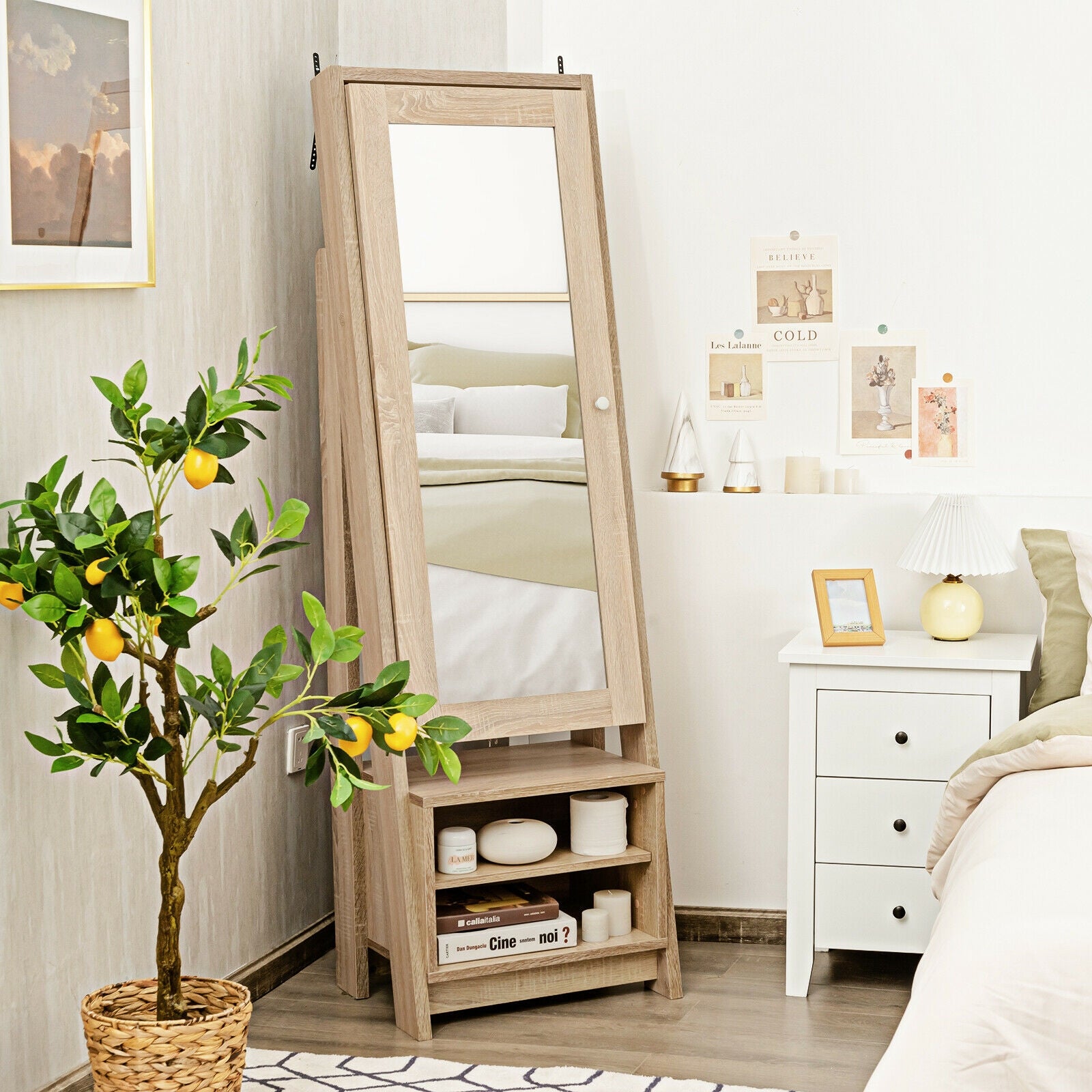 2-in-1 Wooden Cosmetics Storage Cabinet with Full-Length Mirror and Bottom Rack