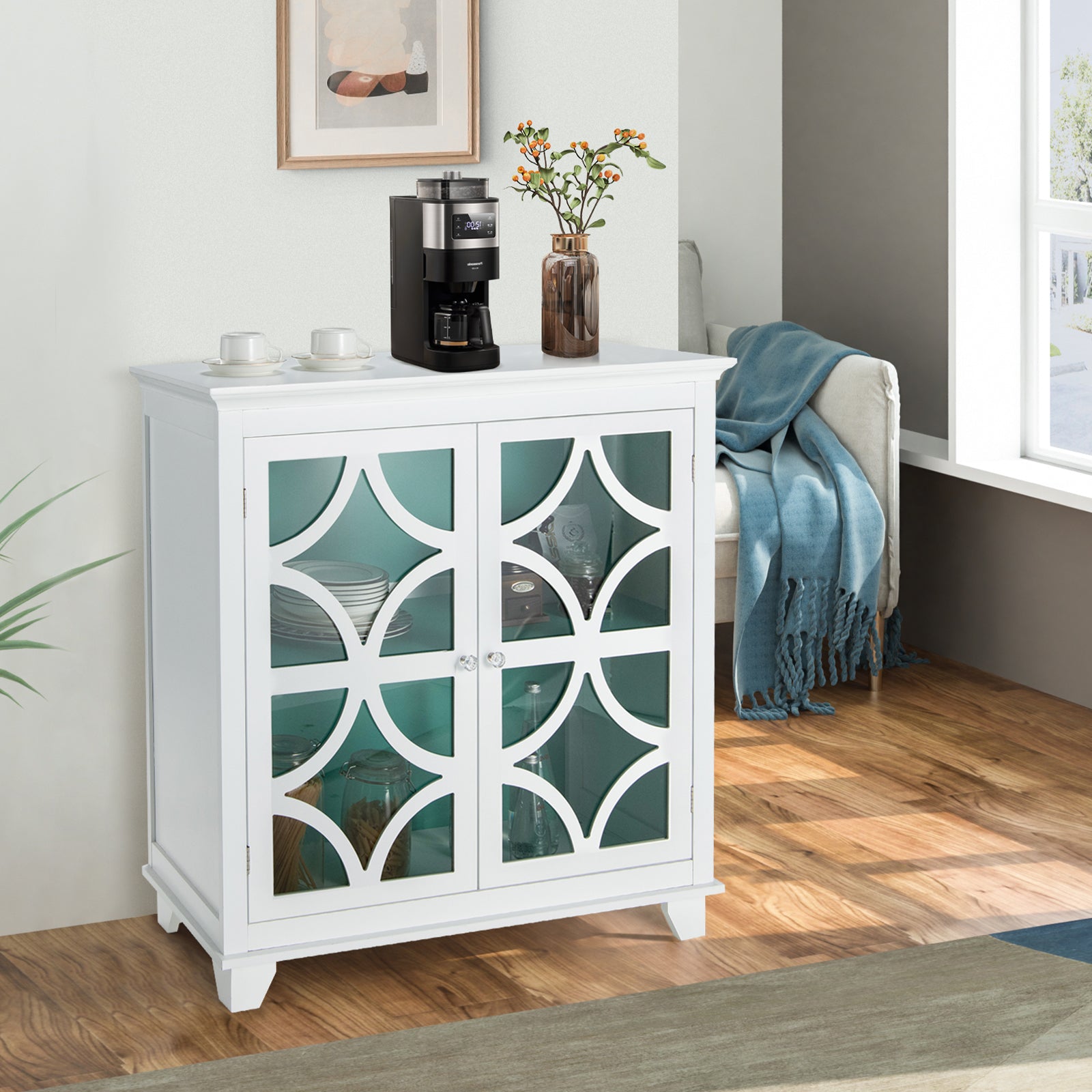 SUGIFT Kitchen Buffet Sideboard with Glass Doors and Adjustable Shelf