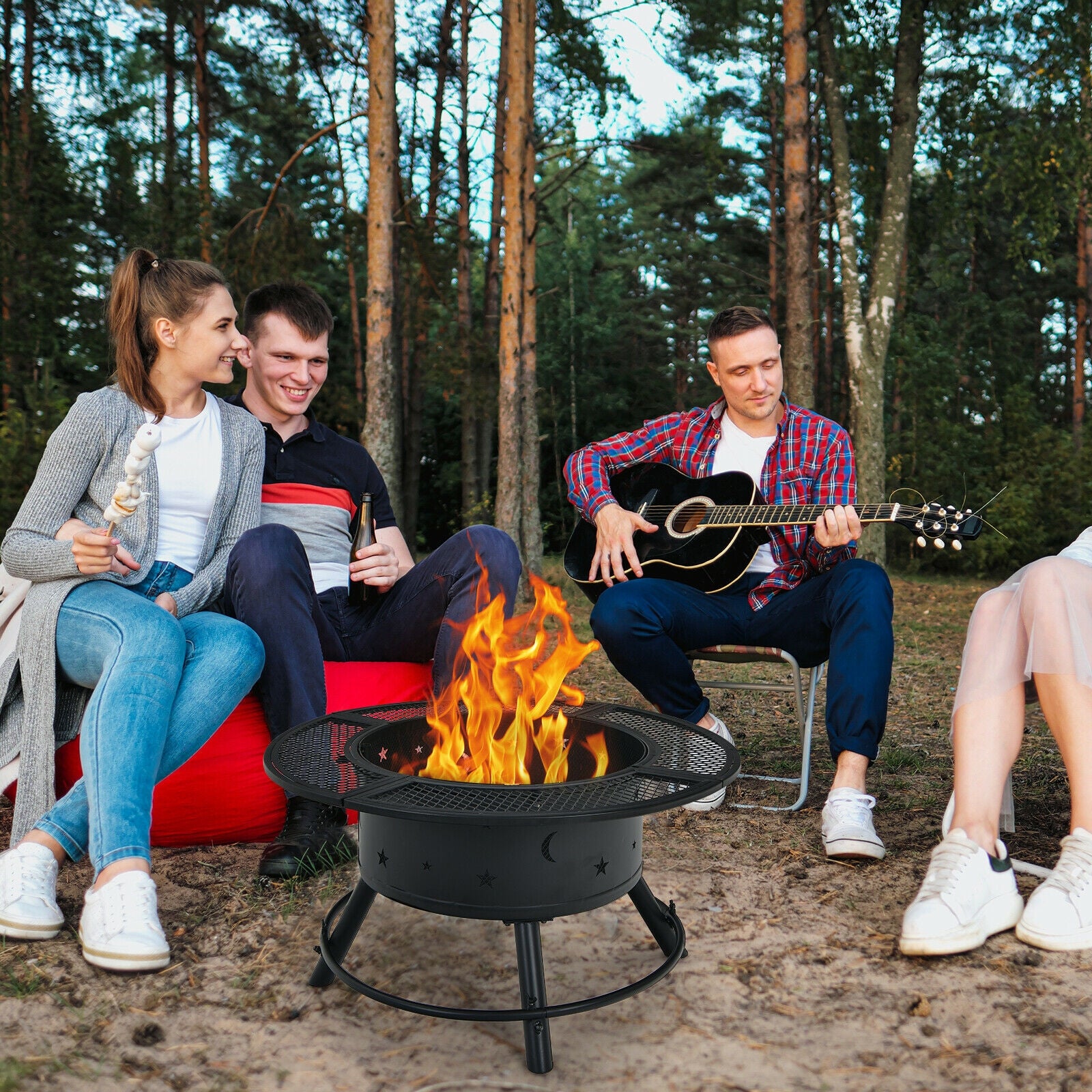 32-Inch Outdoor Wood Burning Fire Pit with 360¡ãSwivel BBQ Grate