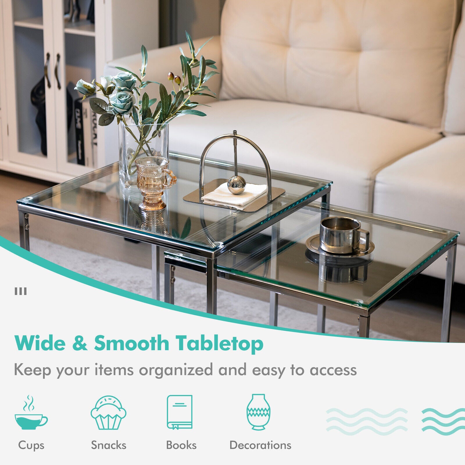 2 Pieces Modern Nesting Coffee Table with Tempered Glass Top and Steel Frame-Sliver