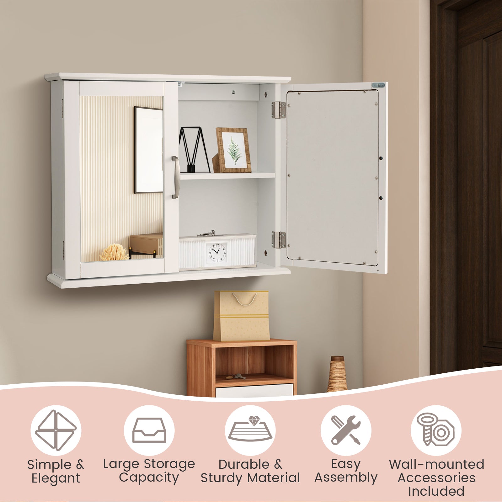 2-Tier Bathroom Wall-Mounted Mirror Storage Cabinet with Handles