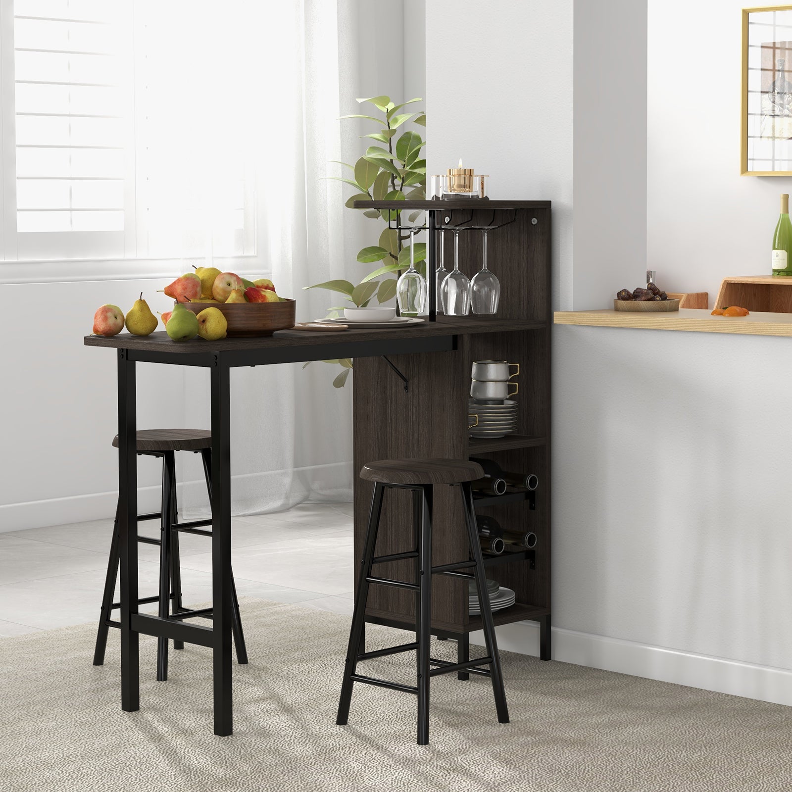 3 Piece Bar Table and Chairs Set with 6-Bottle Wine Rack