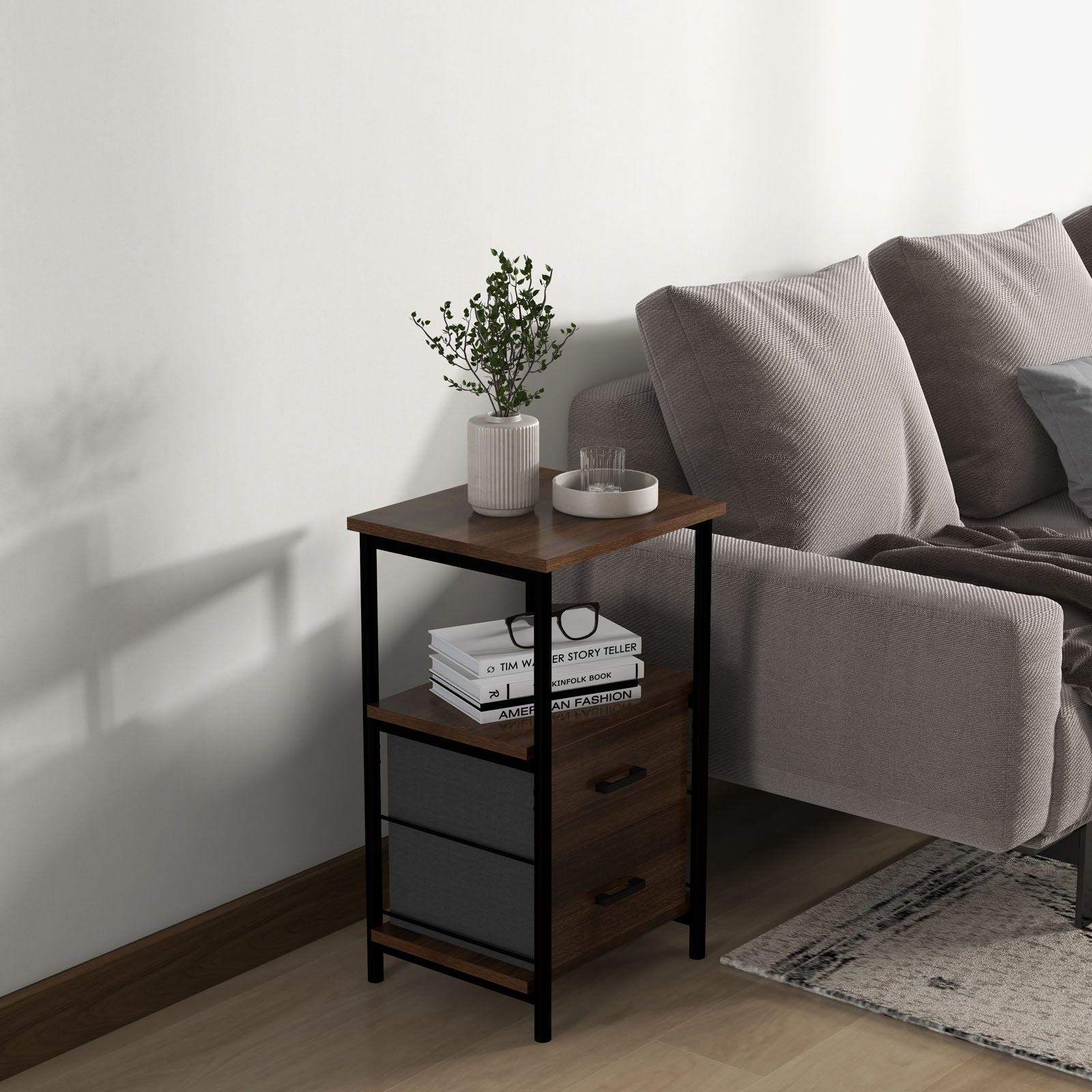 3-Tier Retro Nightstand with 2 Removable Fabric Drawers and Open Shelf-Walnut