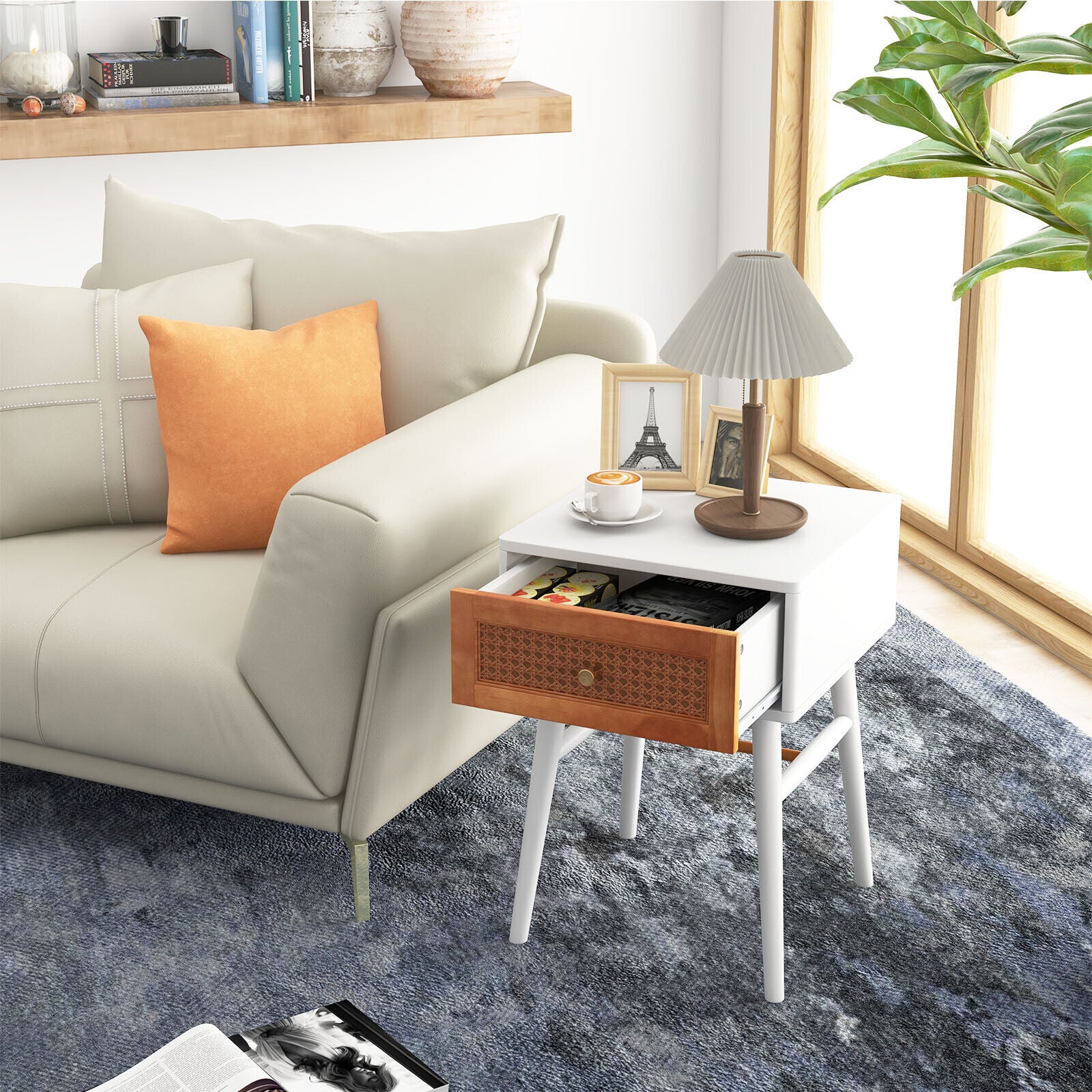 SUGIFT 1-Drawer Modern Bedside Table with Solid Wood Legs