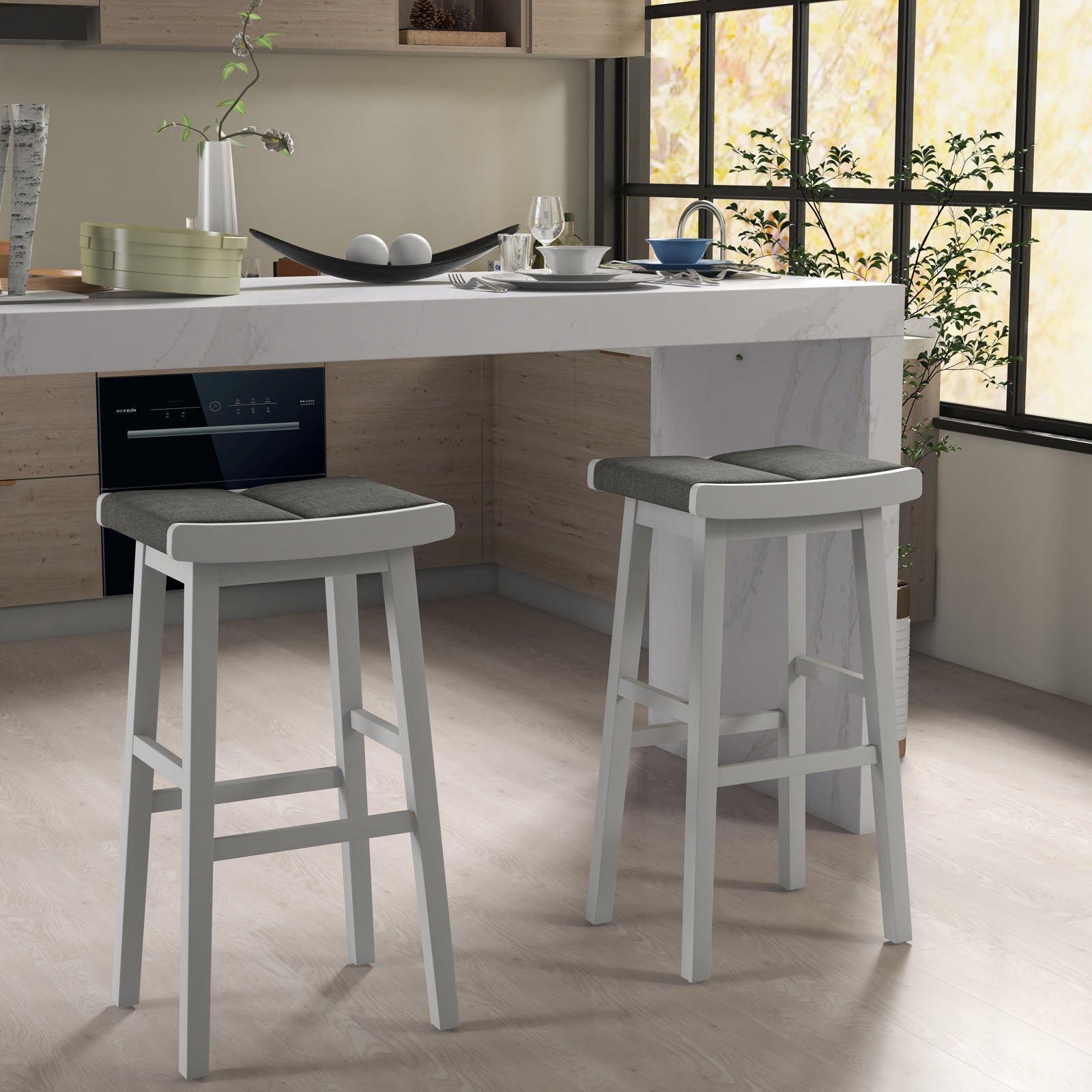 SUGIFT 2 Pieces 31.5 Inch Upholstered Saddle Barstools with Padded Cushions