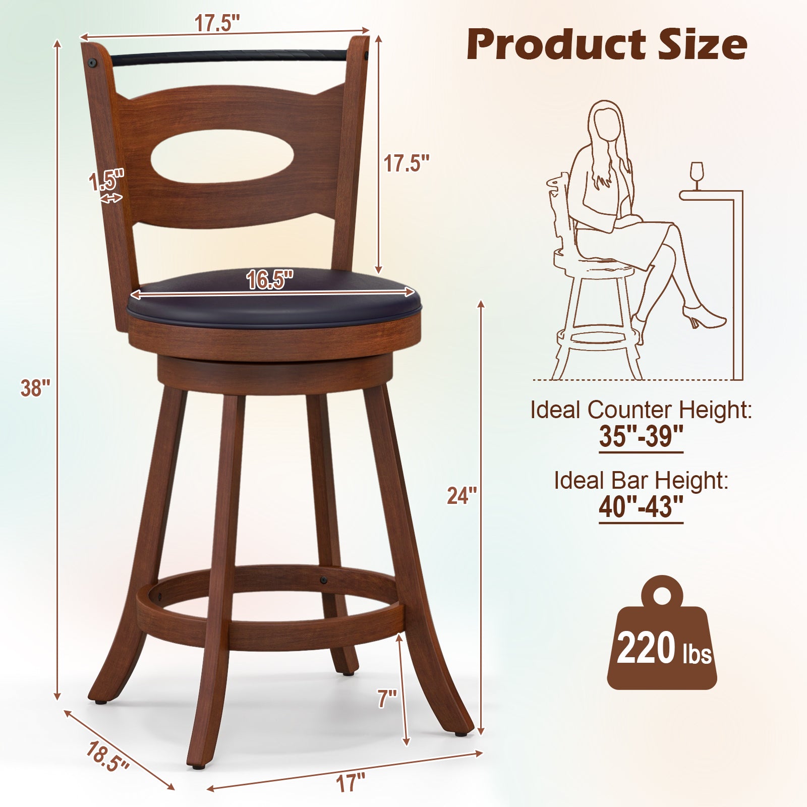 2 Pieces 24 inch Swivel Bar Stools with Curved Backrest and Seat Cushions