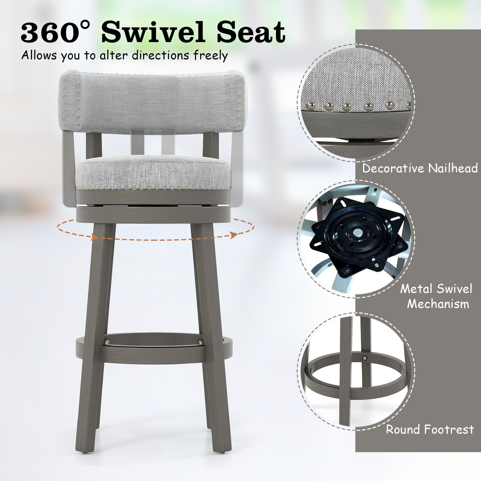 Swivel Bar Stool with Upholstered Back Seat and Footrest-31 inches