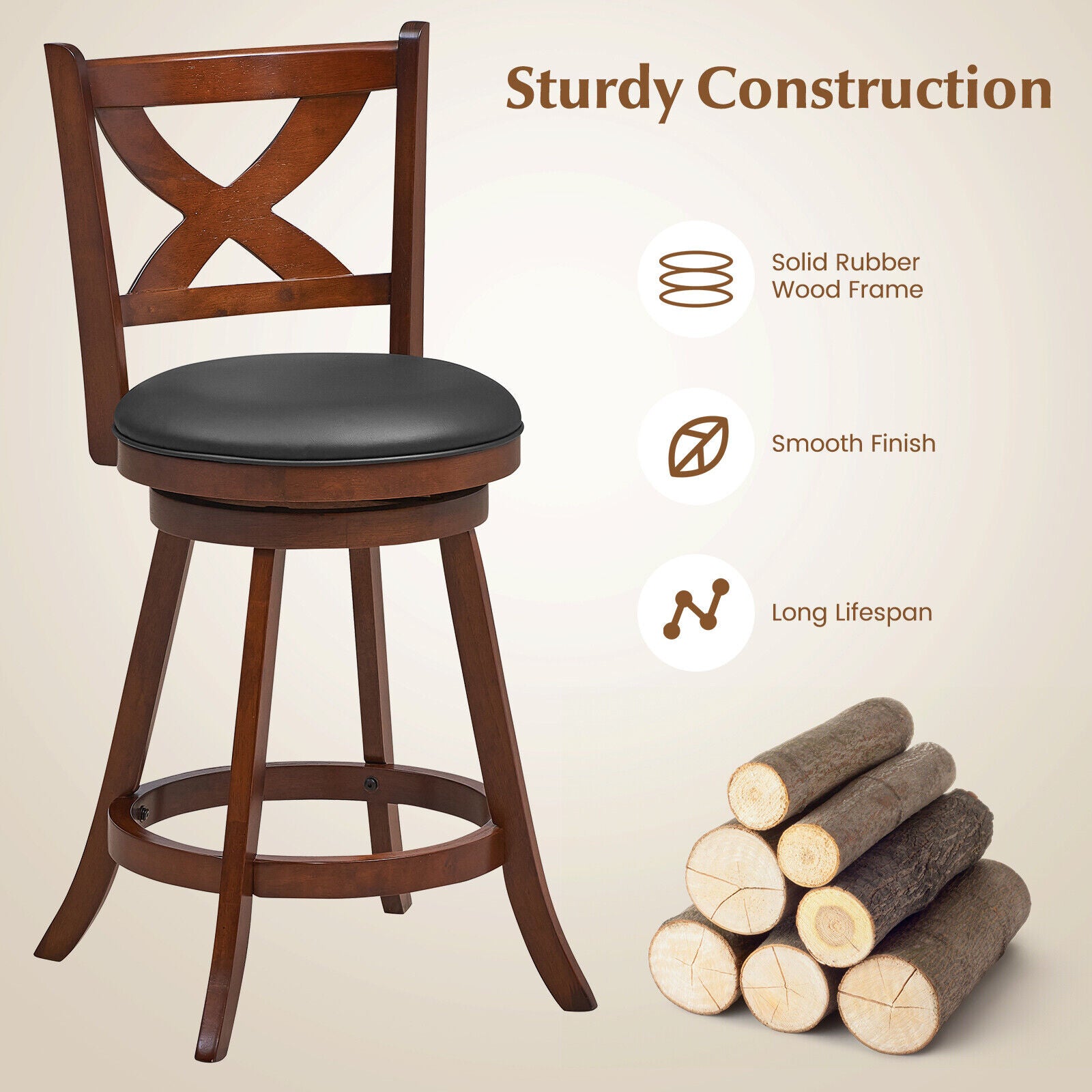 SUGIFT 2 Pieces Classic Counter Height Swivel Bar Stool Set with X-shaped Open Back