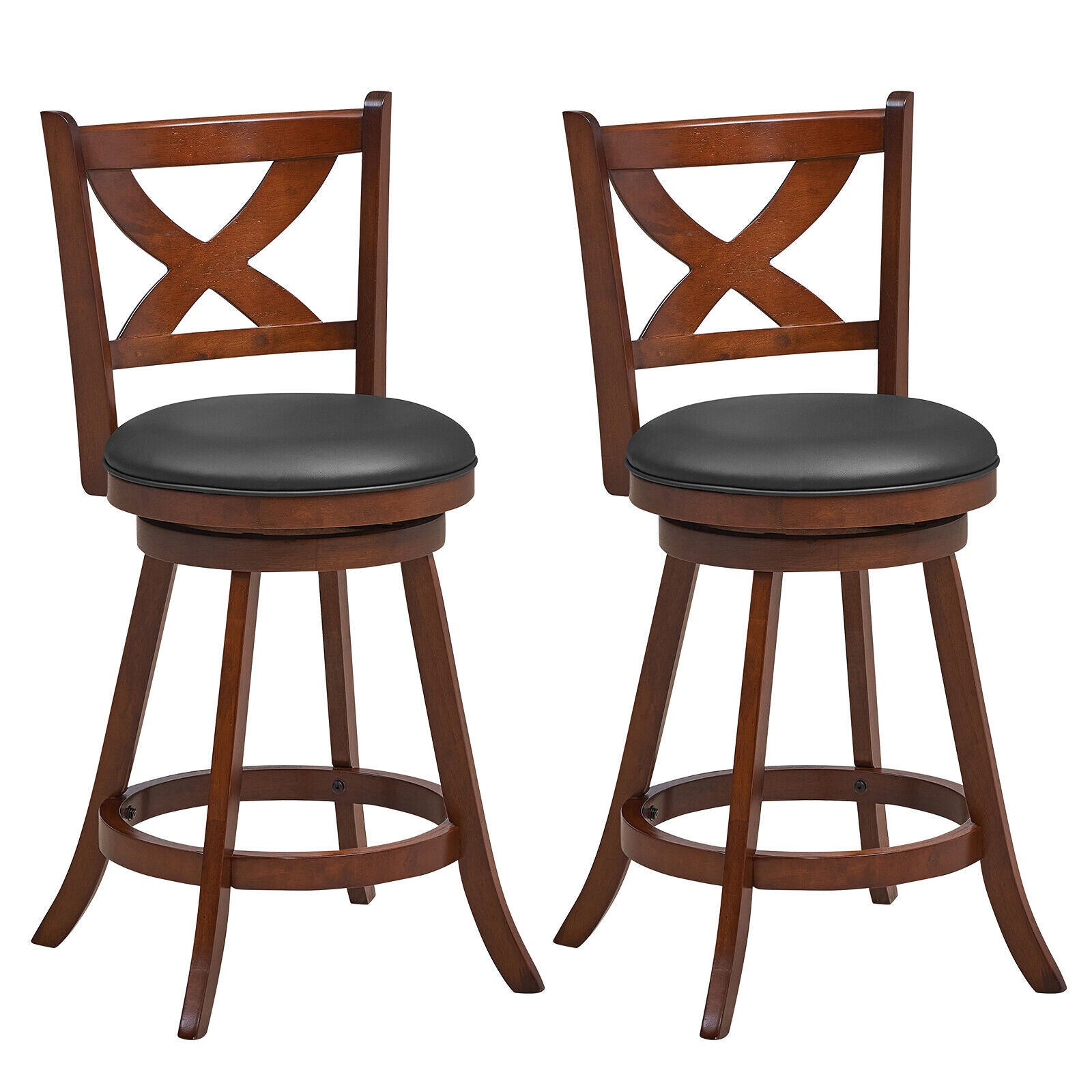 SUGIFT 2 Pieces Classic Counter Height Swivel Bar Stool Set with X-shaped Open Back