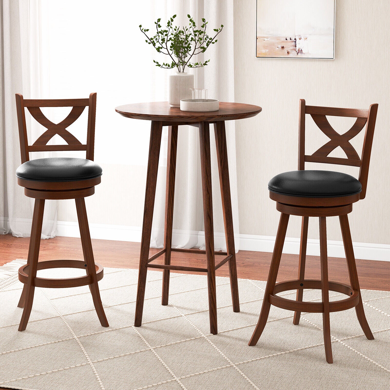 SUGIFT 2 Pieces Classic Counter Height Swivel Bar Stool Set with X-shaped Open Back
