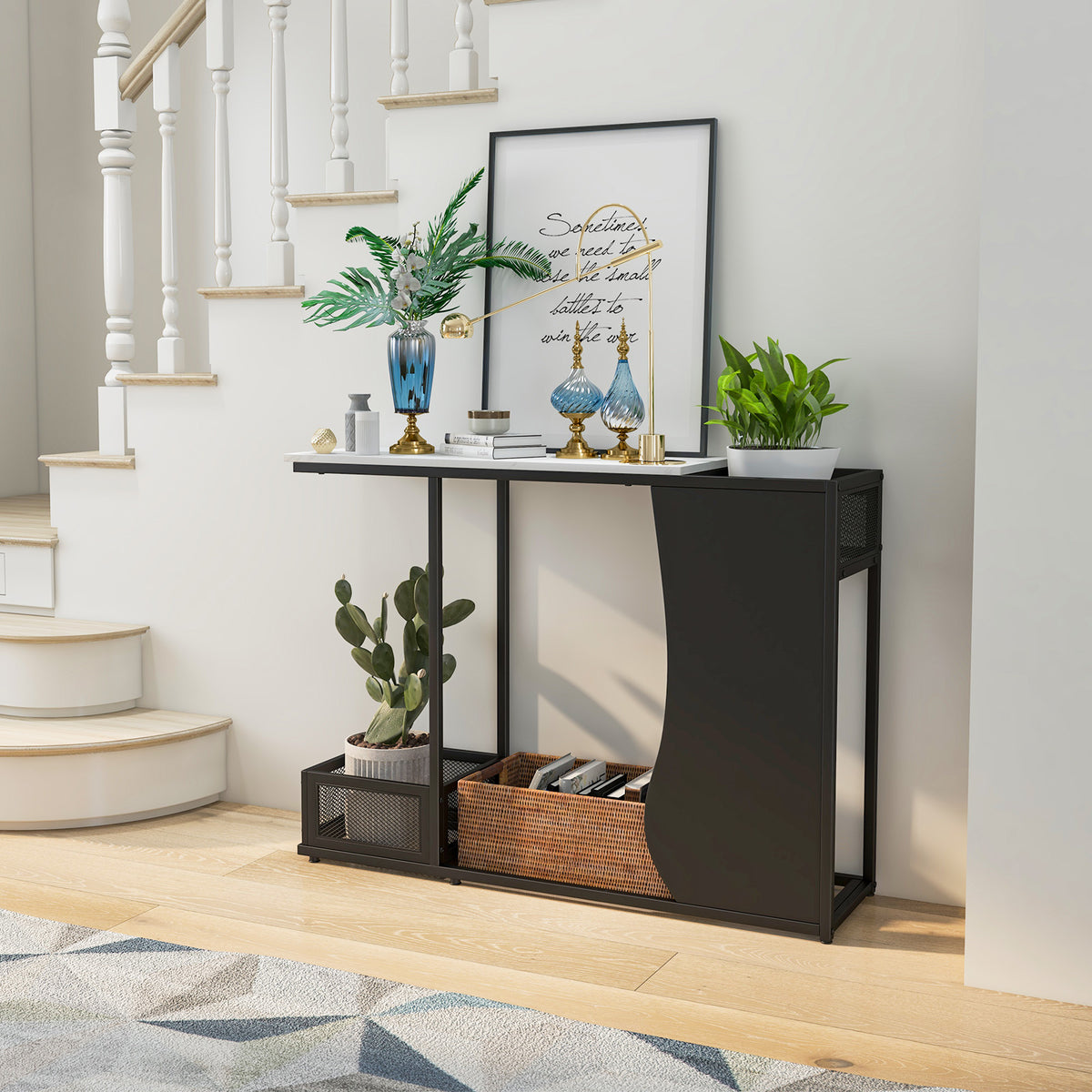 43.5 Inch Console Table with Plant Position and Faux Marble Top-Black ...