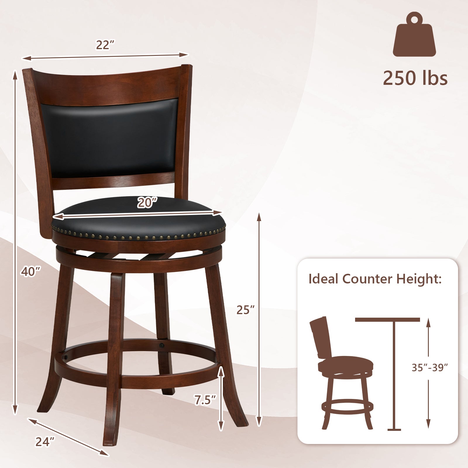 SUGIFT Swivel Bar Stools Set of 2 with 20 Inch Wider Cushioned Seat