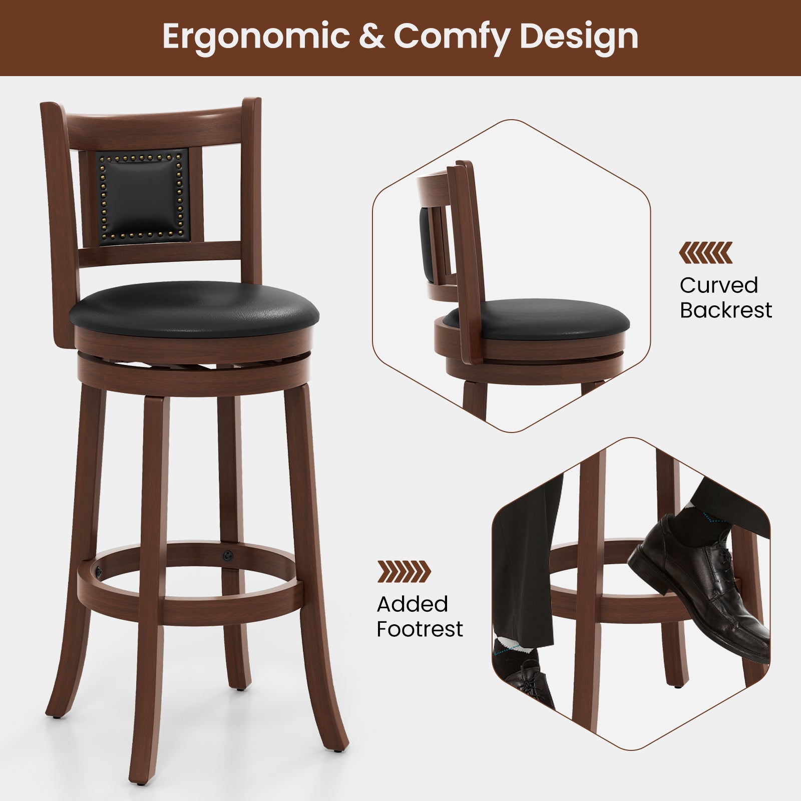 SUGIFT 30.5 Inch Upholstered Bar Stools Set of 2 with Curved Backrest and Footrest