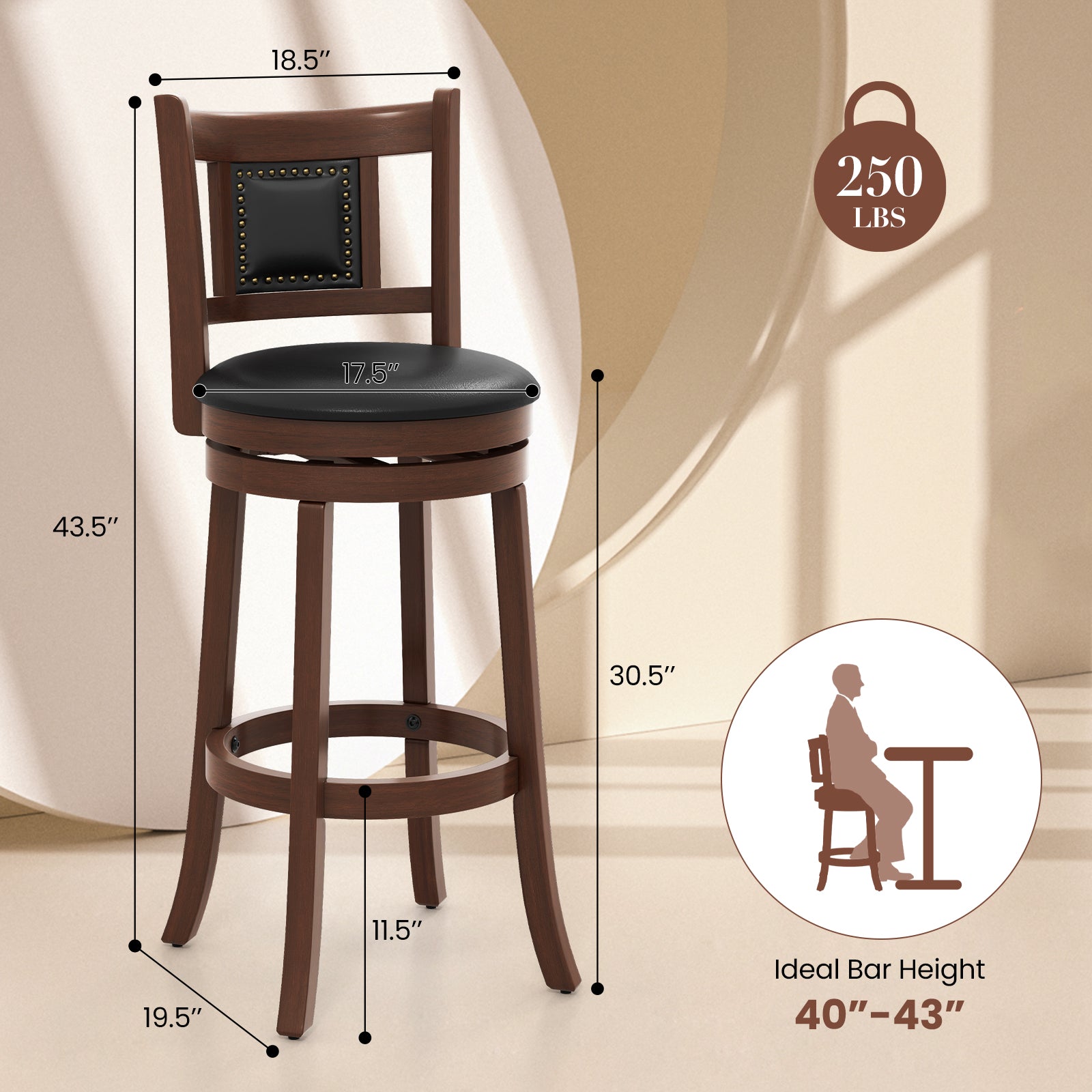SUGIFT 30.5 Inch Upholstered Bar Stools Set of 2 with Curved Backrest and Footrest