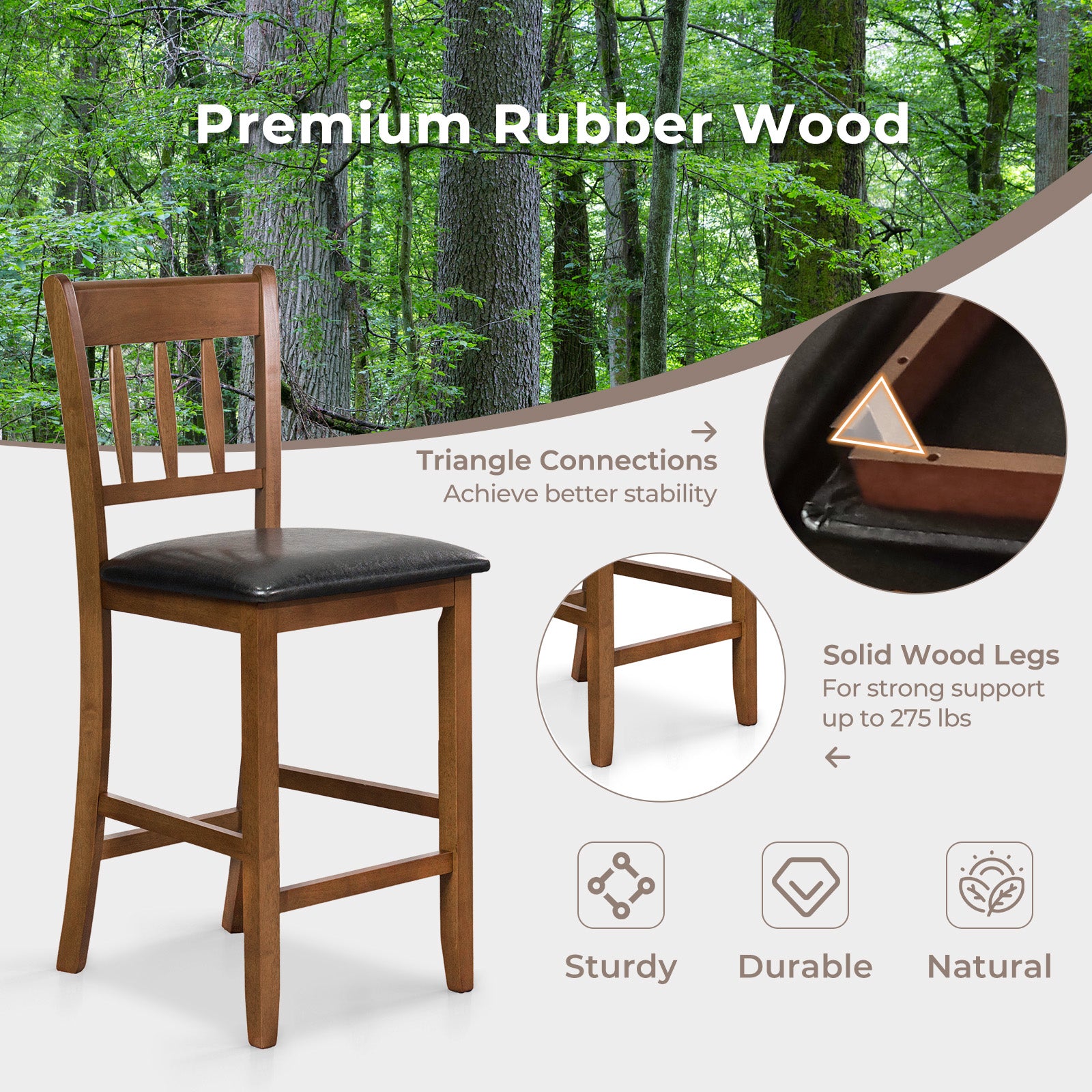 25.5 Inch Counter Height Bar Chair Set of 2 with Backrest Padded Seat