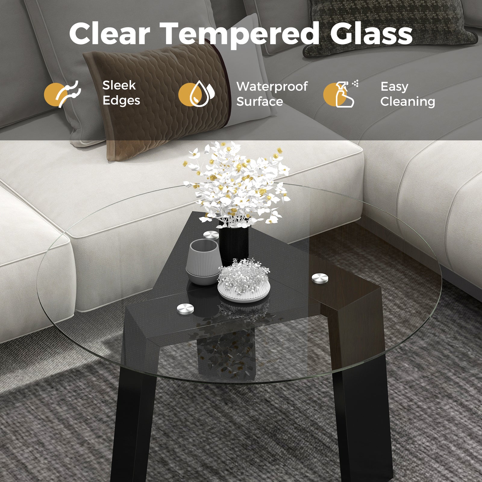 29.5 Inch Round Glass Coffee Table with Solid Rubber Wood Legs for Living Room Home Office Small Space-Black