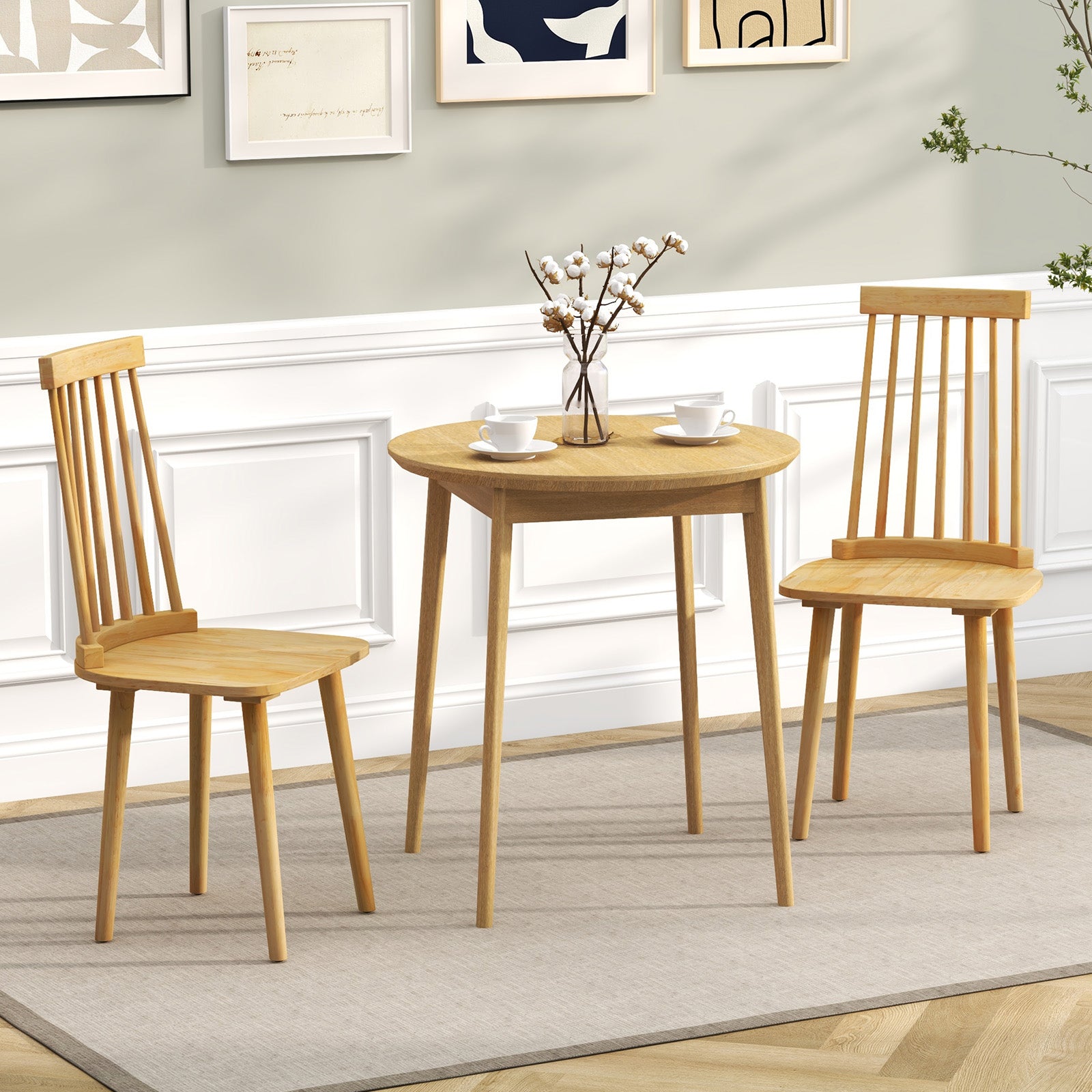 Windsor Dining Chairs Set of 2 with High Spindle Back and Natural Rubber Wood Legs